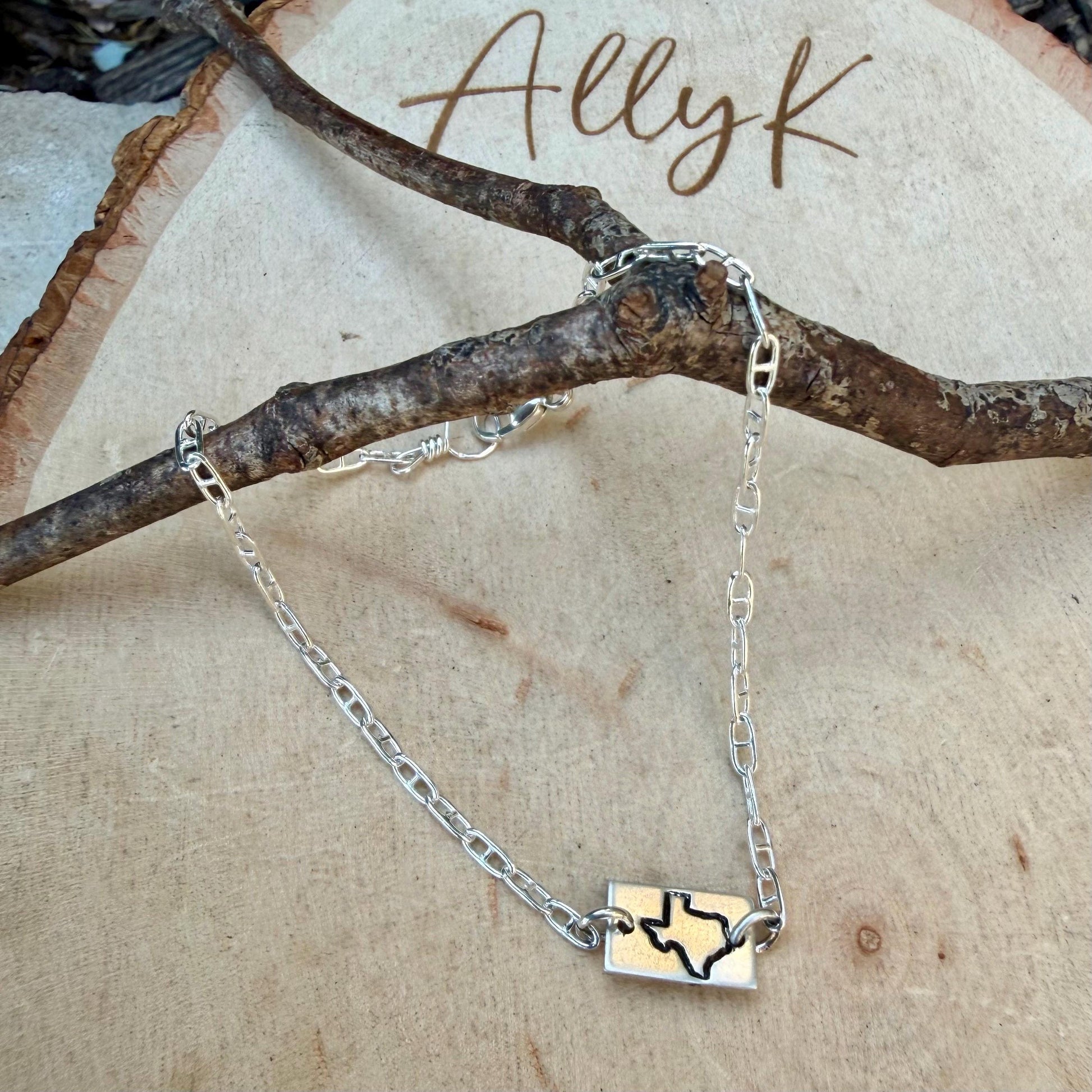 Sterling Silver Texas Anklet • Handmade Embossed State Charm • Southwest Dainty Jewelry