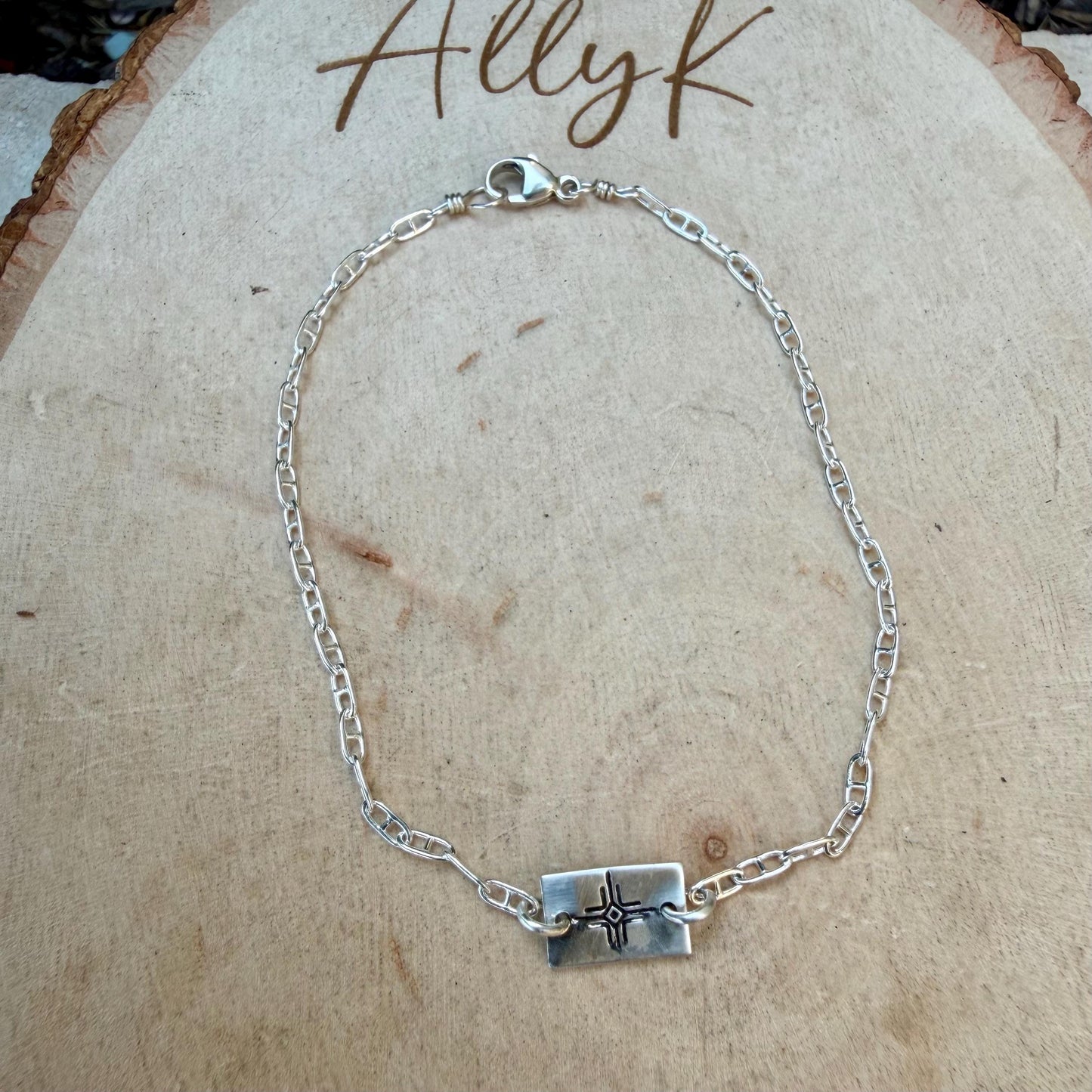 Sterling Silver Zia Sun Bracelet • Handmade Embossed Southwest Symbol • Dainty Jewelry