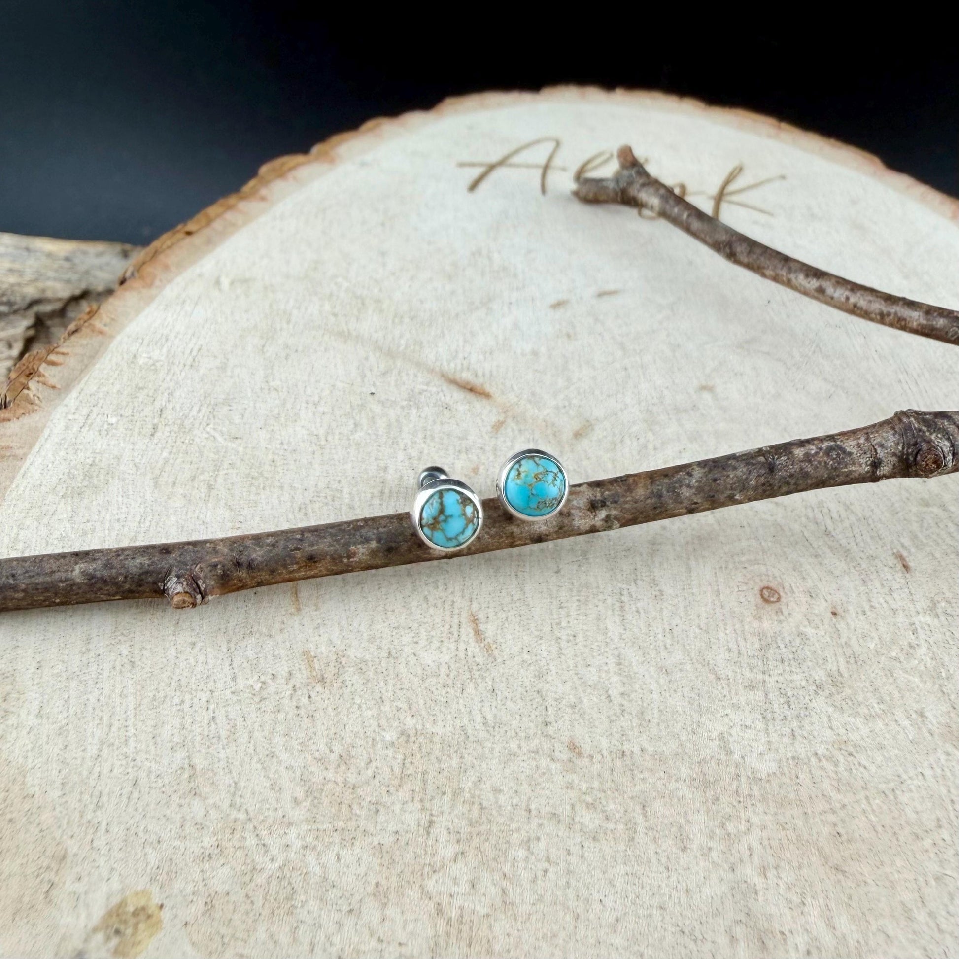 Number 8 Turquoise Cabochon Studs • Screw-Back Labret Earrings • 16g 18g 20g Options