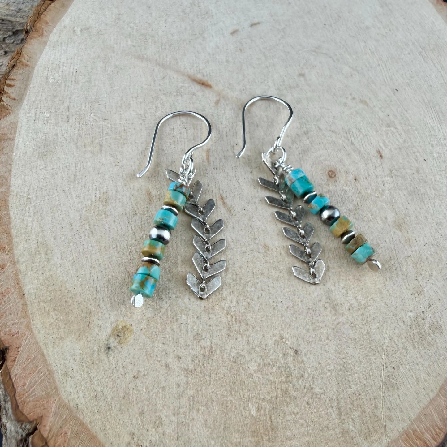 Desert Pearl & Kingman Turquoise Earrings • Sterling Silver Chevron Chain Jewelry