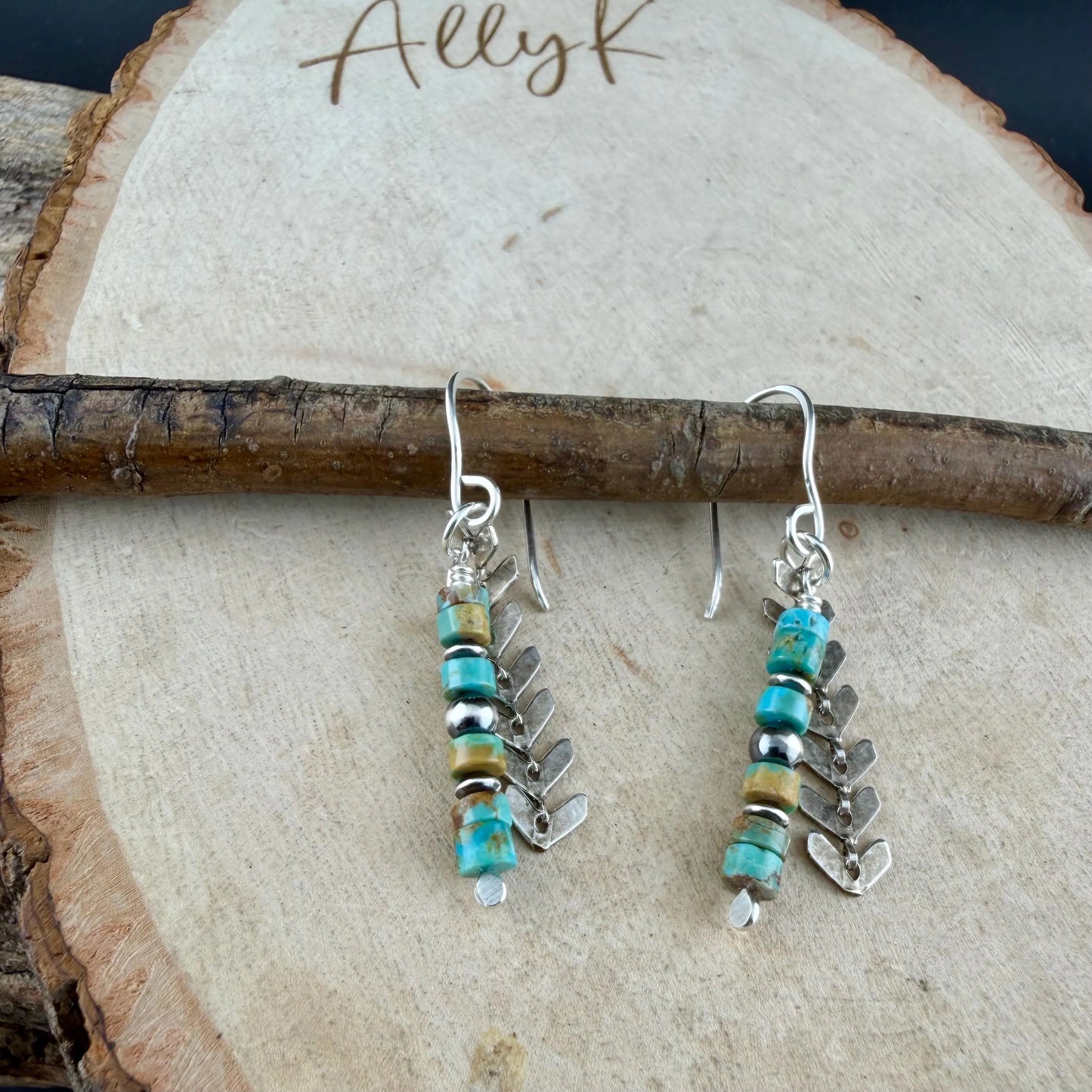 Desert Pearl & Kingman Turquoise Earrings • Sterling Silver Chevron Chain Jewelry