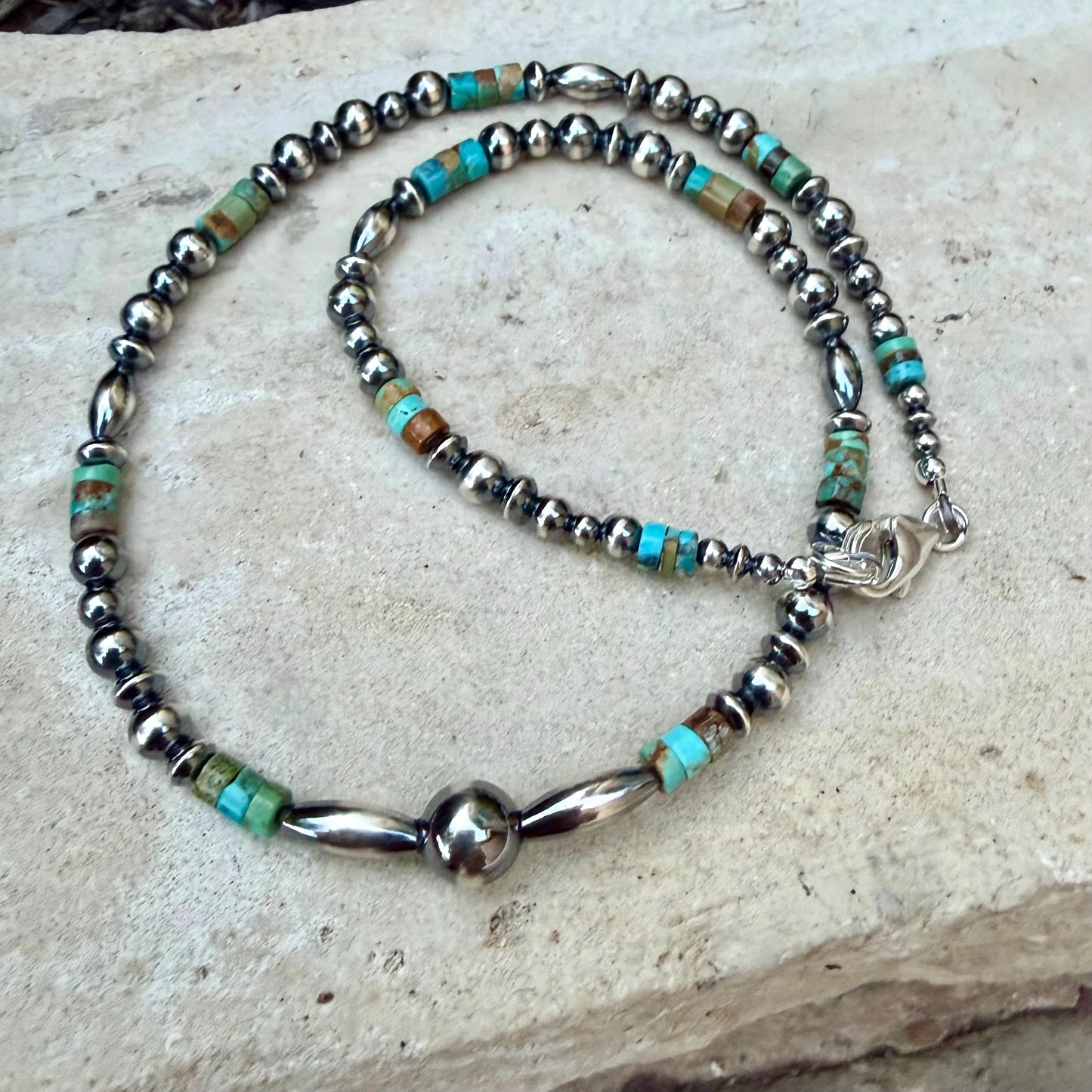Desert Pearl & Kingman Turquoise Choker Necklace • Sterling Silver Southwest Style