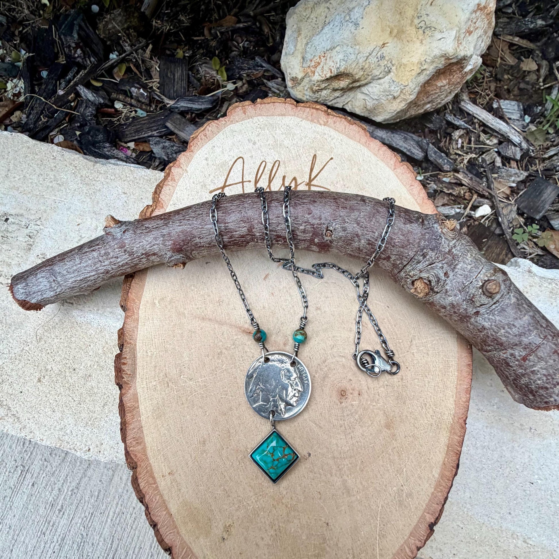 Buffalo Nickel Kingman Turquoise Necklace • Sterling Silver Stacked Drop Pendant • Vintage Coin Choker