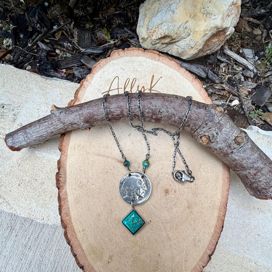 Buffalo Nickel Kingman Turquoise Necklace • Sterling Silver Stacked Drop Pendant • Vintage Coin Choker
