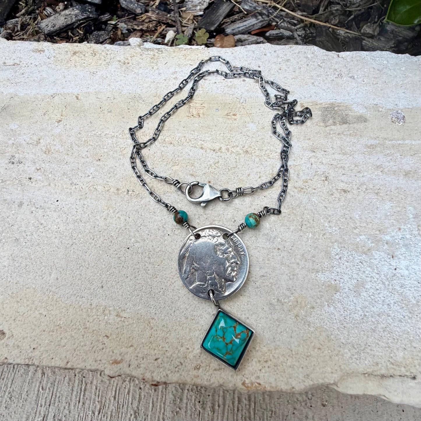 Buffalo Nickel Kingman Turquoise Necklace • Sterling Silver Stacked Drop Pendant • Vintage Coin Choker