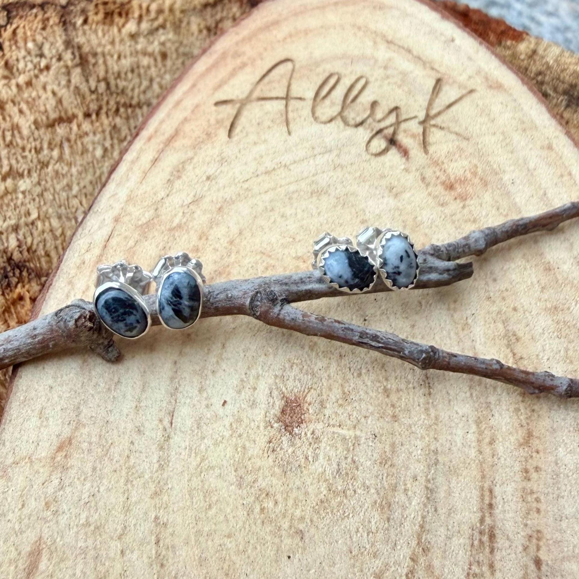 4x6mm White Buffalo Stud Earrings • Sterling Silver • Smooth or Serrated Bezel