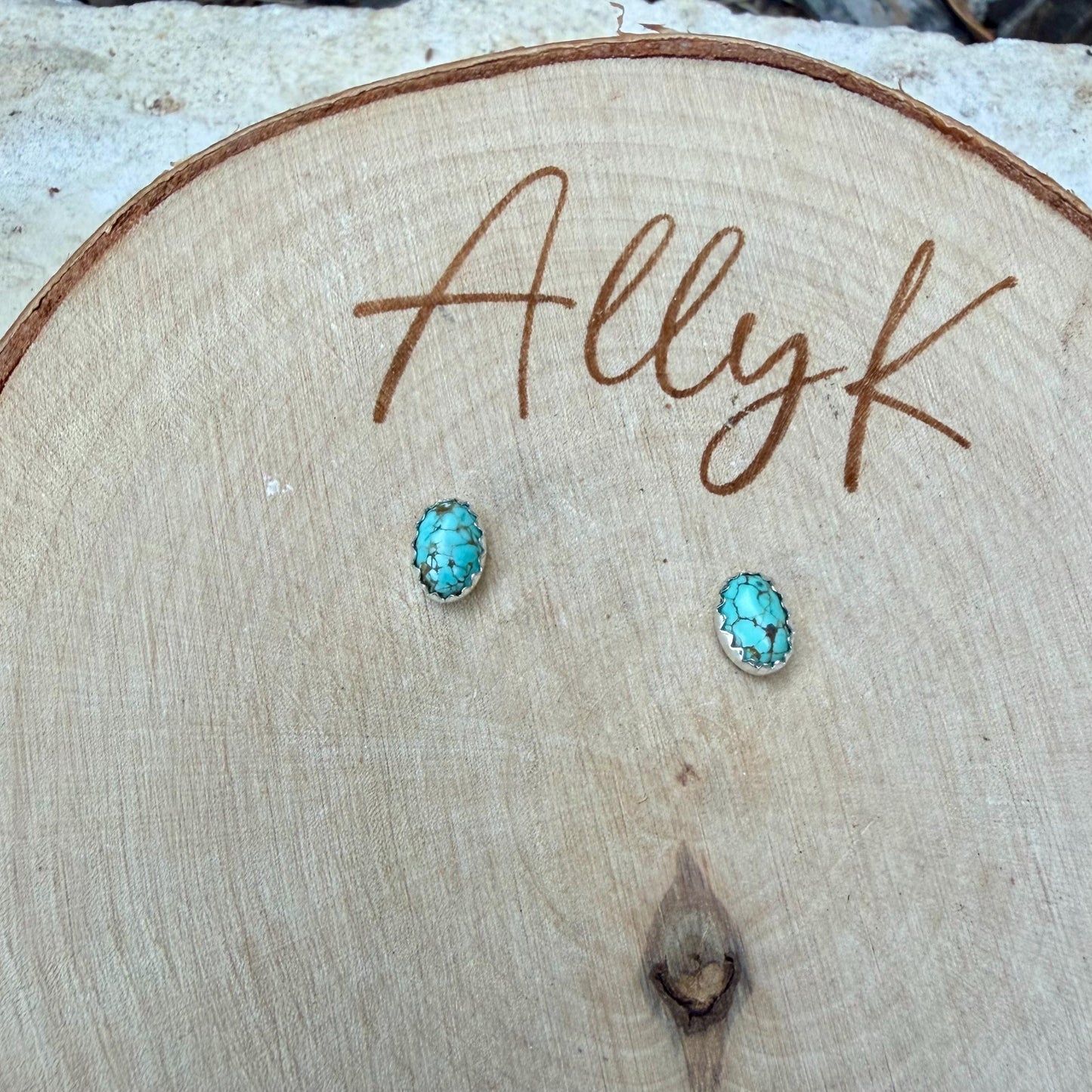 4×6mm Turquoise Stud Earrings Sterling Silver • Number 8 Turquoise Cabochon Posts