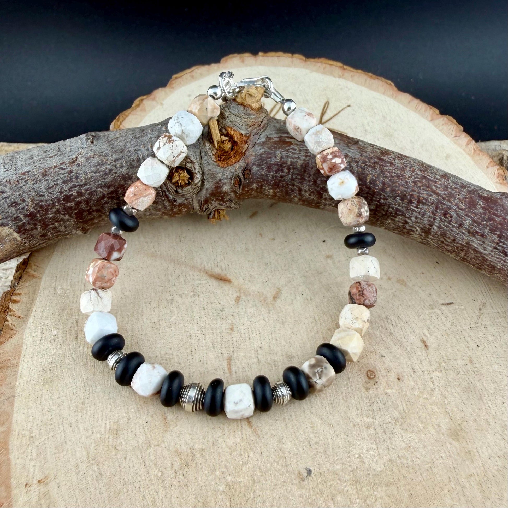White Buffalo Dolomite & Black Onyx Bracelet • 5mm Stones • Sterling Silver