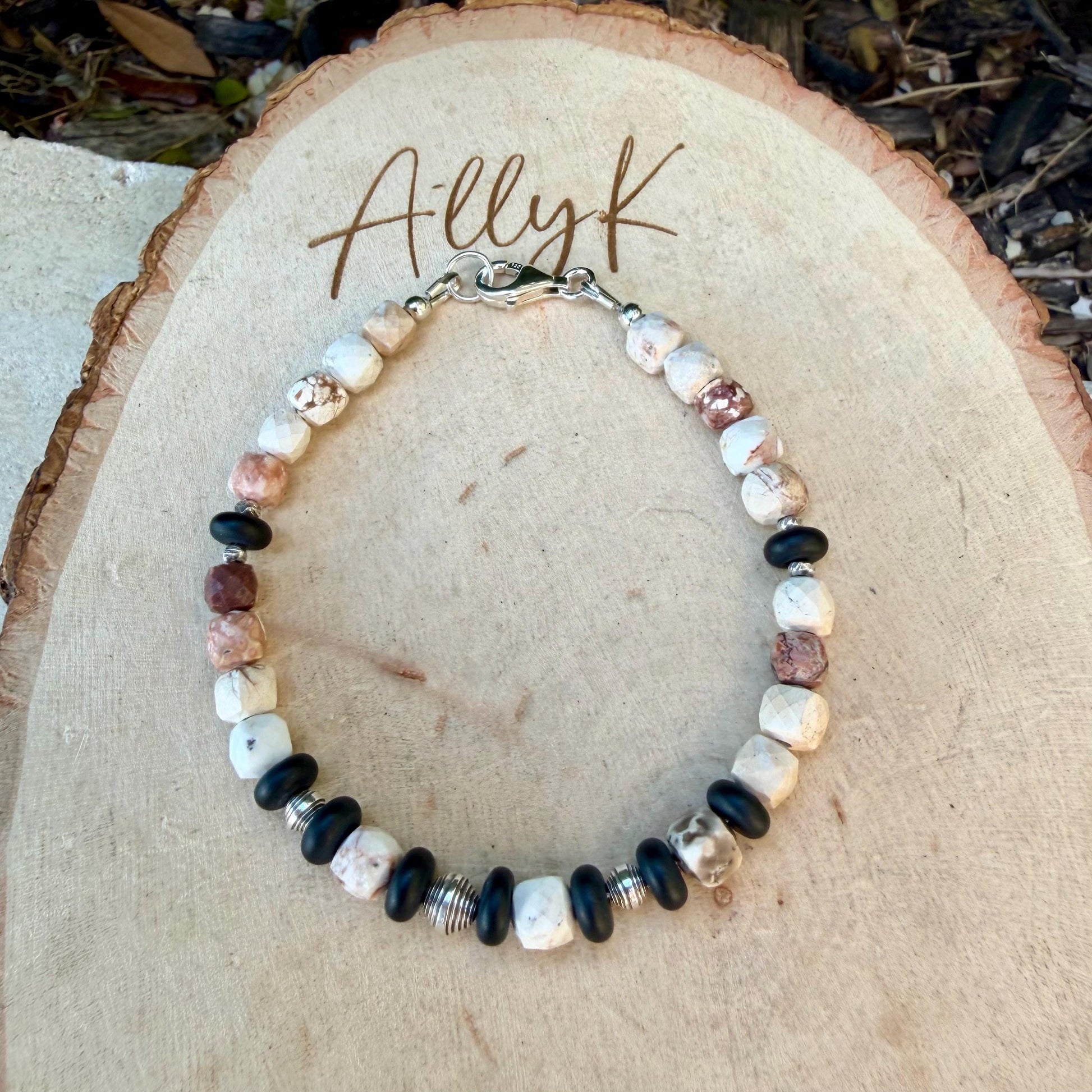 White Buffalo Dolomite & Black Onyx Bracelet • 5mm Stones • Sterling Silver