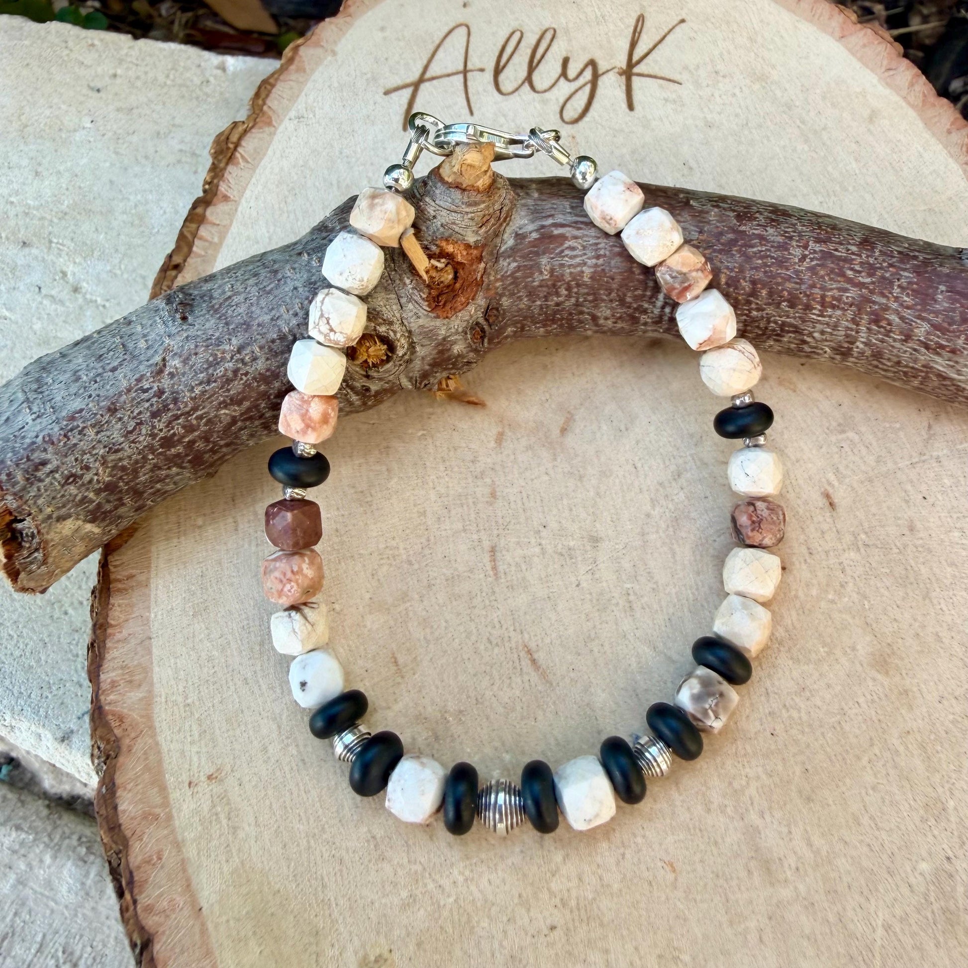 White Buffalo Dolomite & Black Onyx Bracelet • 5mm Stones • Sterling Silver