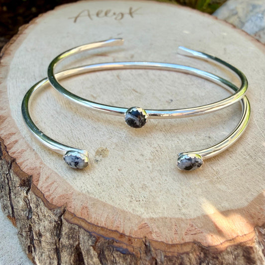 White Buffalo Turquoise Cuff Set of 2 • Handmade Adjustable Sterling Silver Bracelets