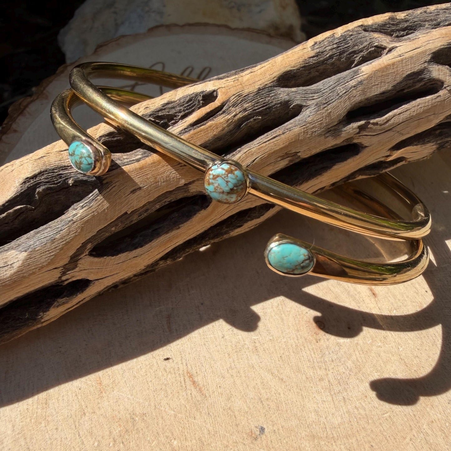 Brass Number 8 Turquoise Rustic Cuff Set of 2 • Hand‑Forged Adjustable Stack