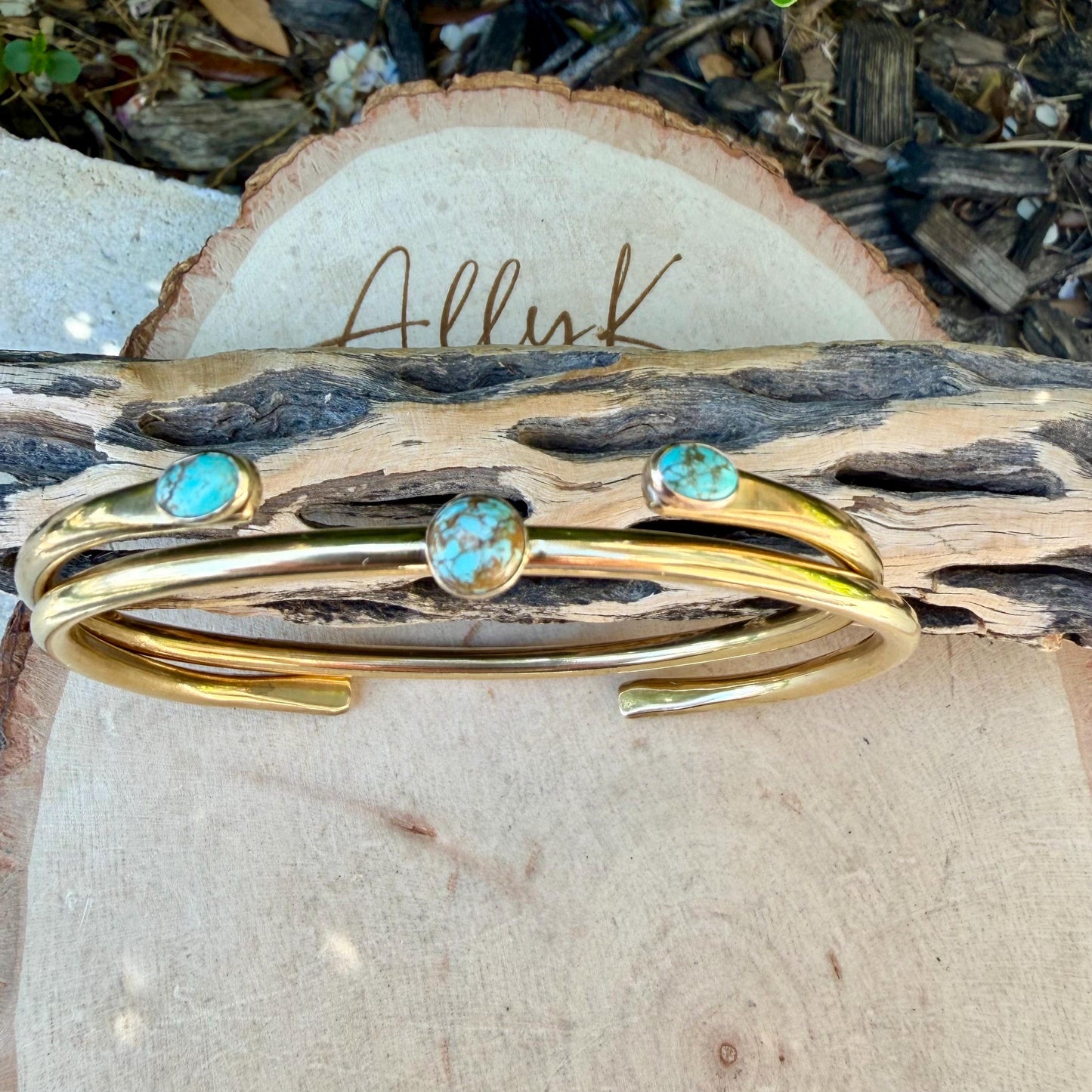 Brass Number 8 Turquoise Rustic Cuff Set of 2 • Hand‑Forged Adjustable Stack
