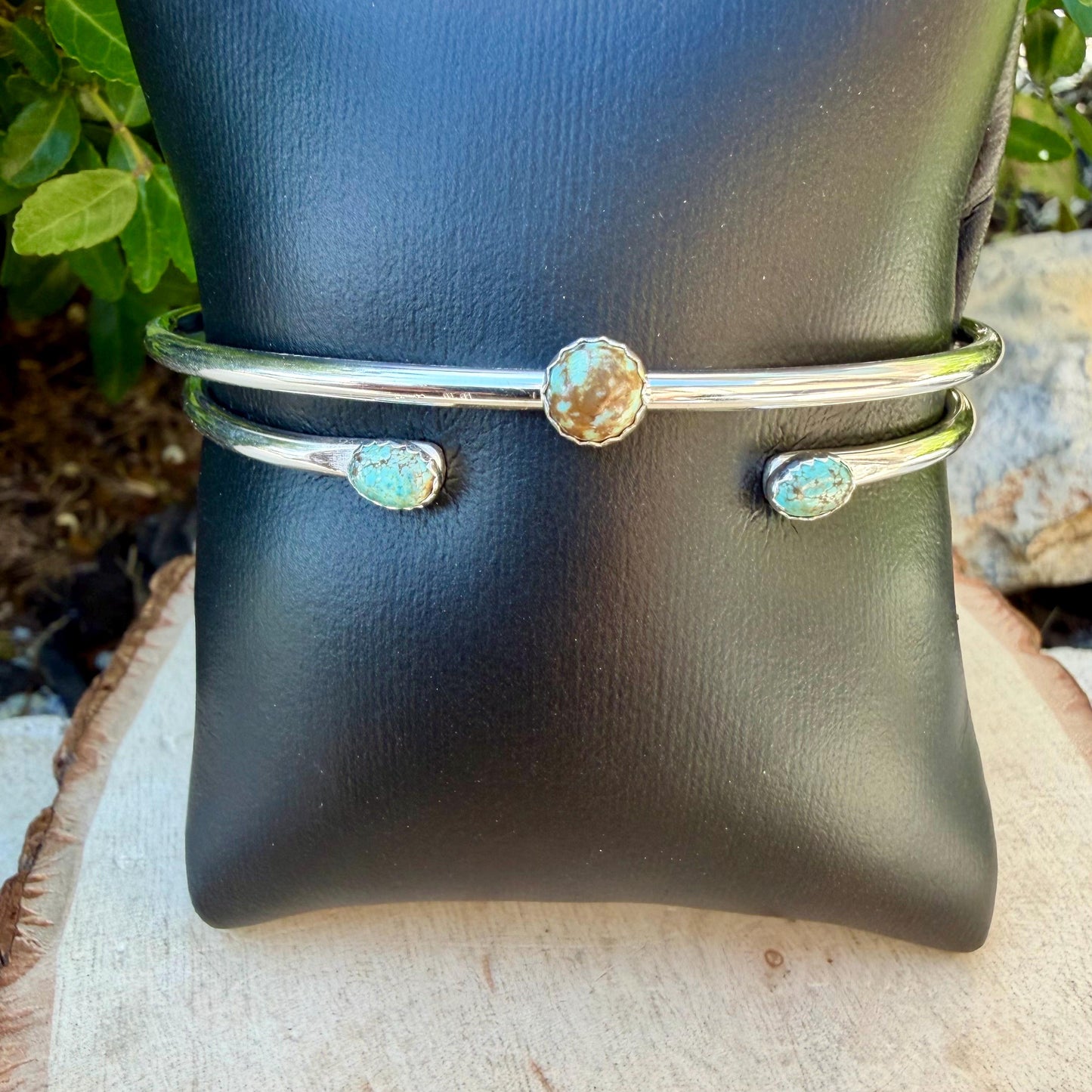Sterling Number 8 Turquoise Cuff Bracelet Set • Hand‑Forged Two‑Piece Stack