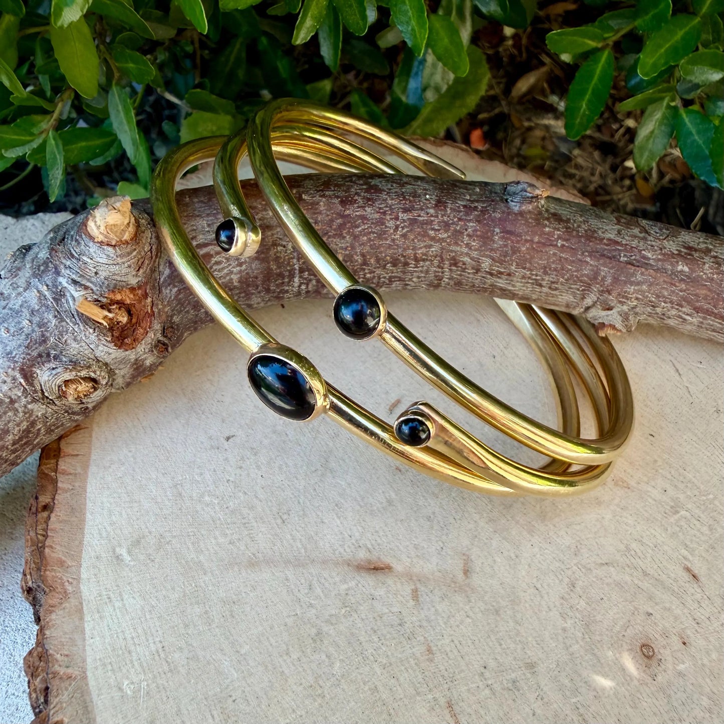 Black Onyx Cuff Bracelets Set | Hand-Forged Brass Stack of 3