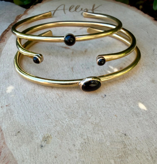 Black Onyx Cuff Bracelets Set | Hand-Forged Brass Stack of 3