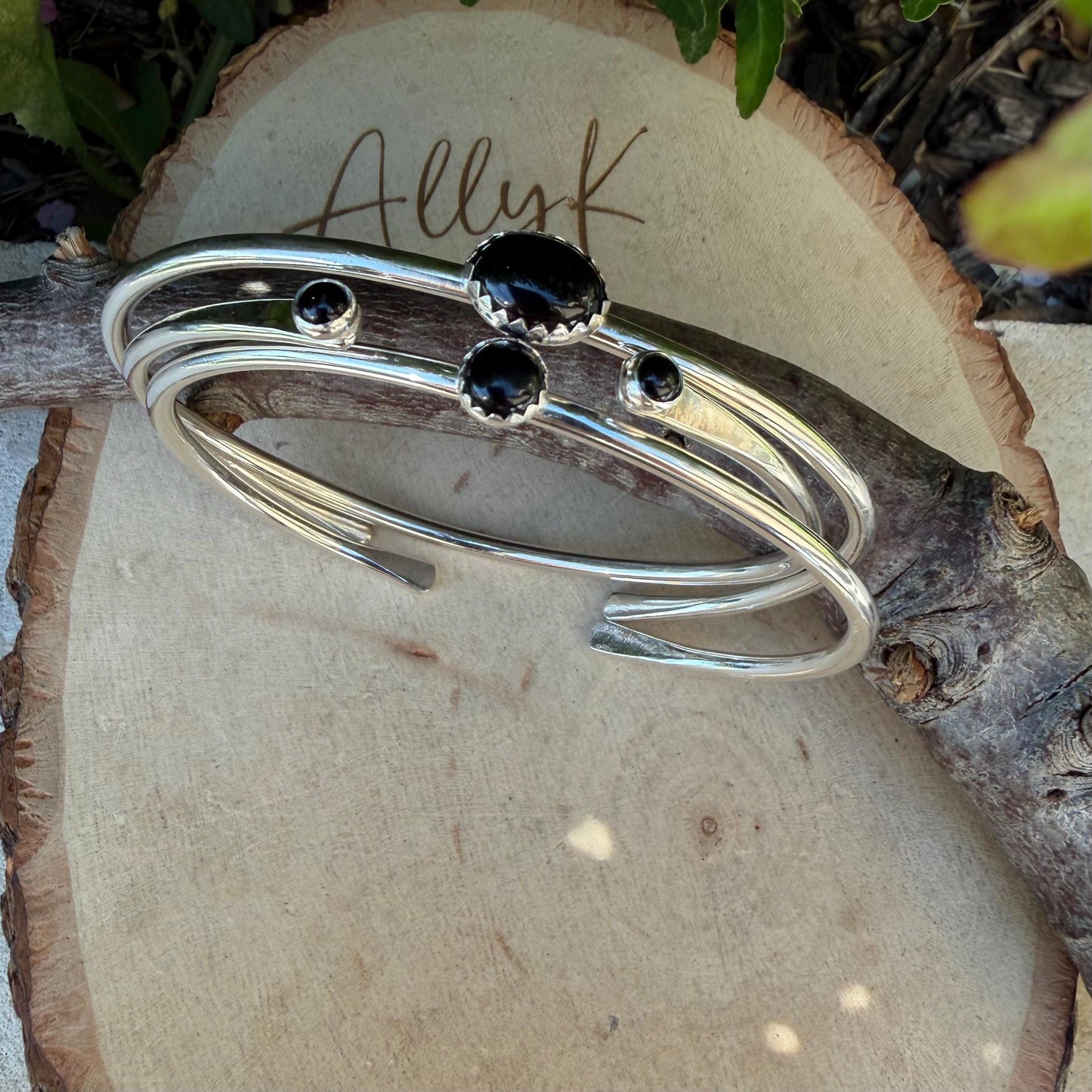 Onyx Cuff Set of 3 – Hand Forged Adjustable Sterling Silver Bracelets