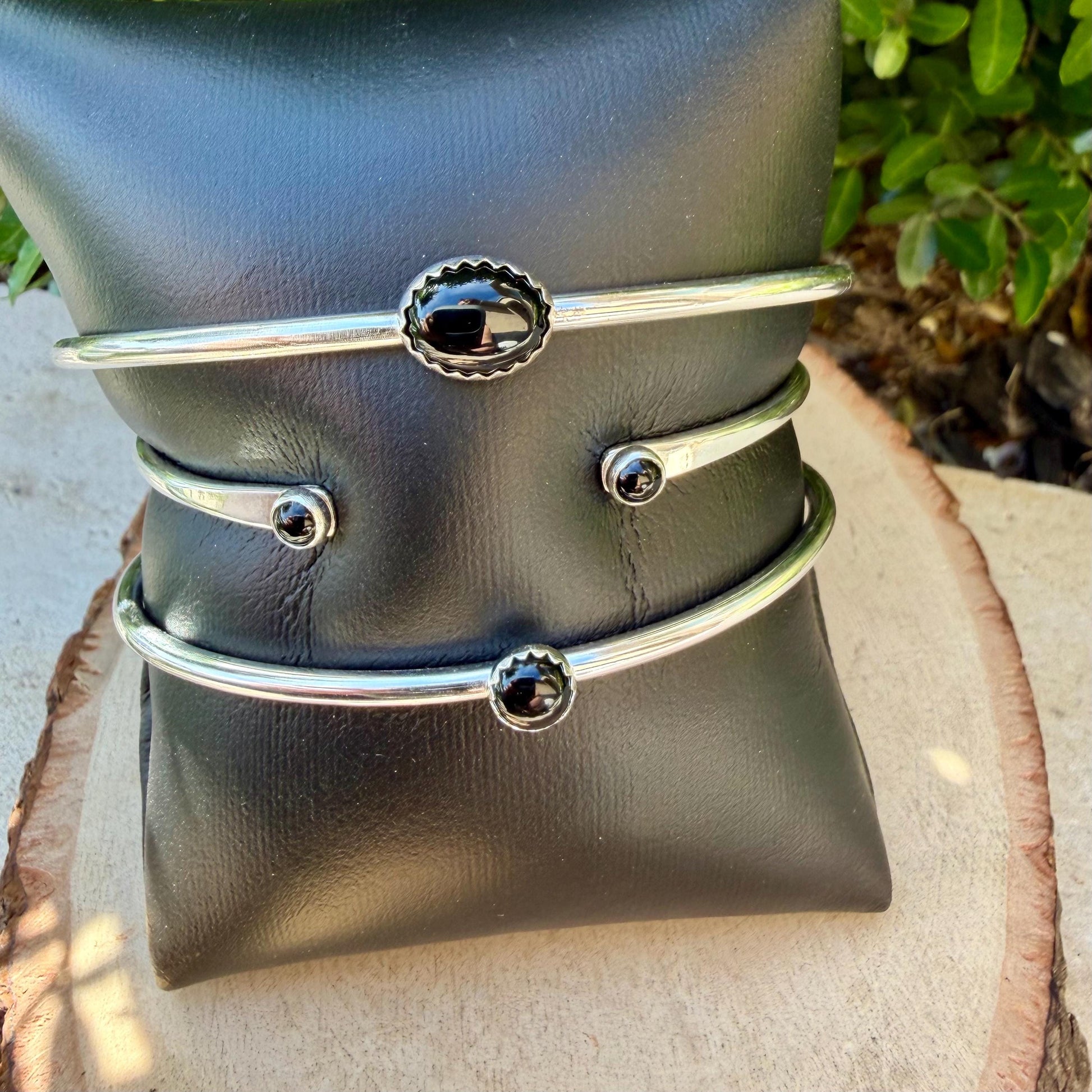Onyx Cuff Set of 3 – Hand Forged Adjustable Sterling Silver Bracelets