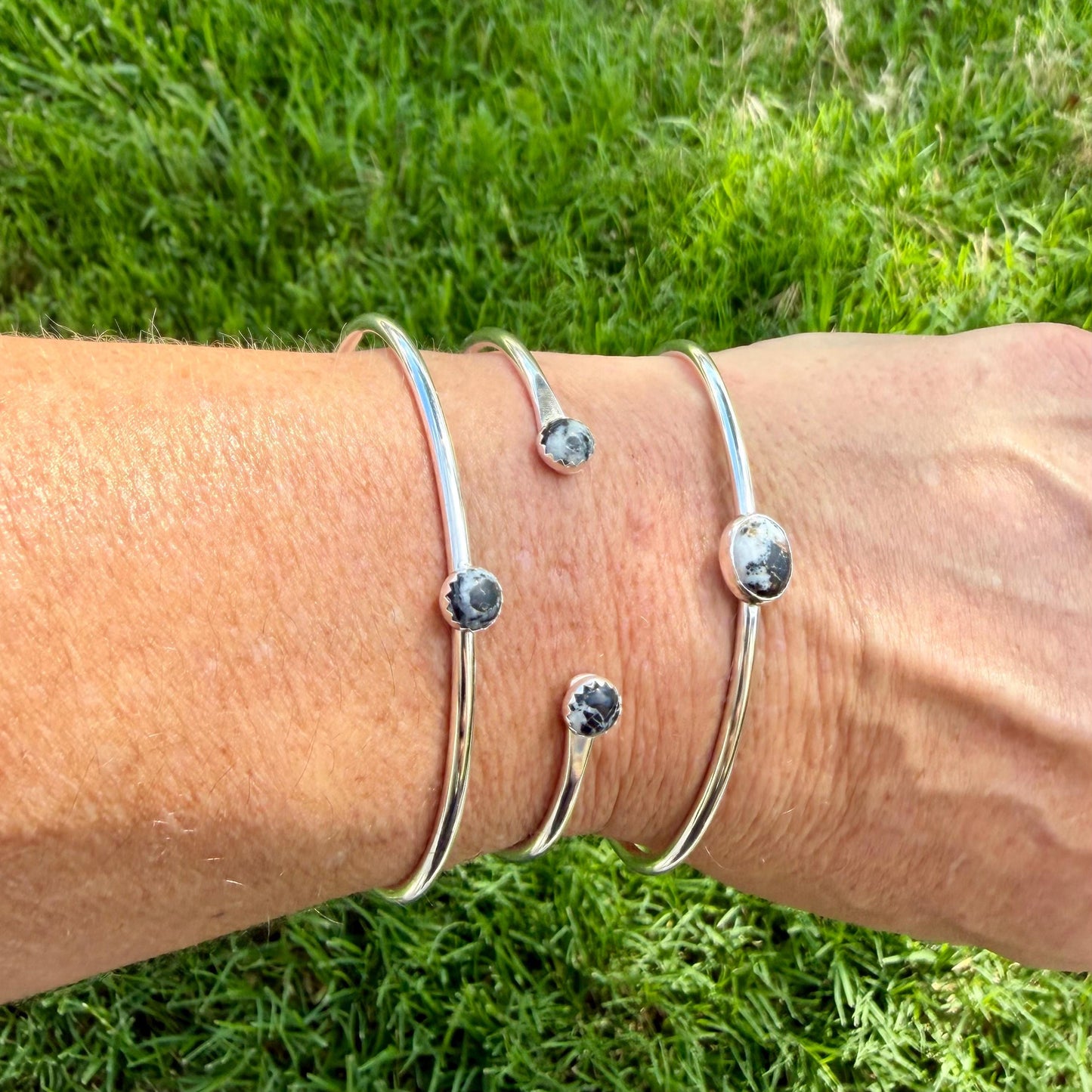 White Buffalo Turquoise Cuff Set of 3 – Handmade Adjustable Sterling Silver Bracelets