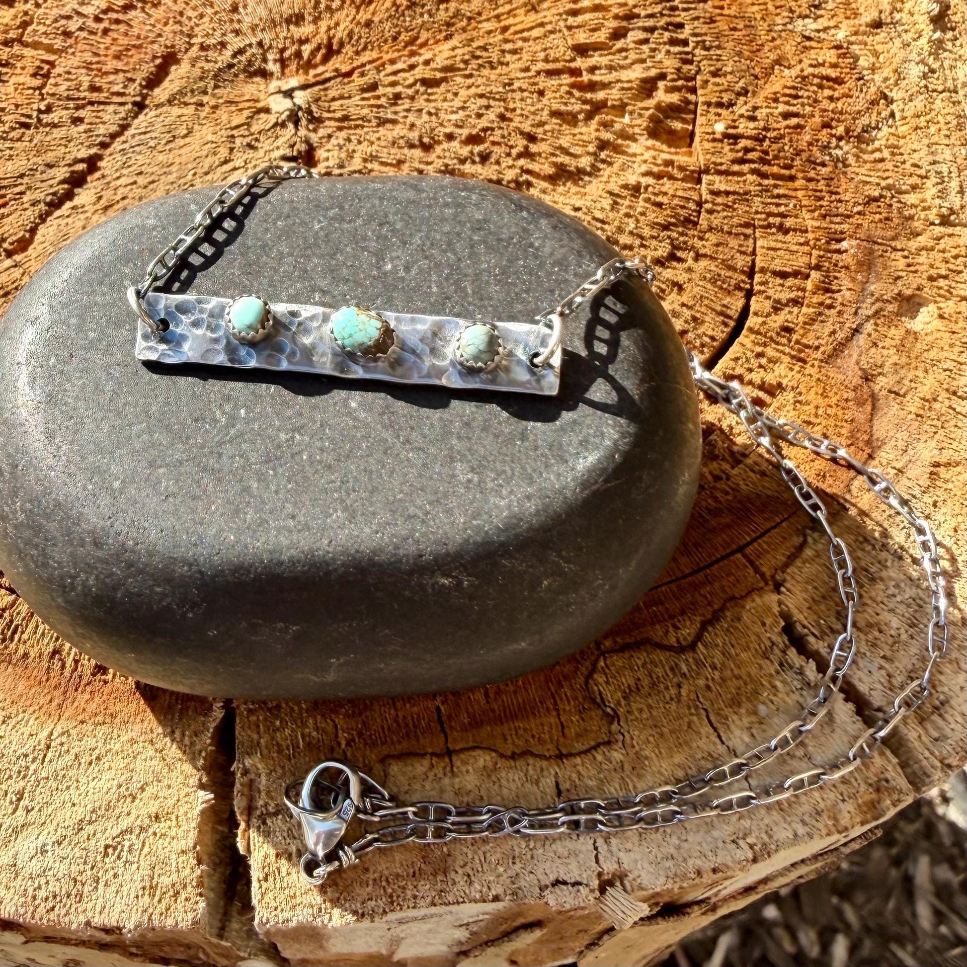 Turquoise Bar Necklace • Sterling Rectangle Pendant • Oxidized Artisan Chain