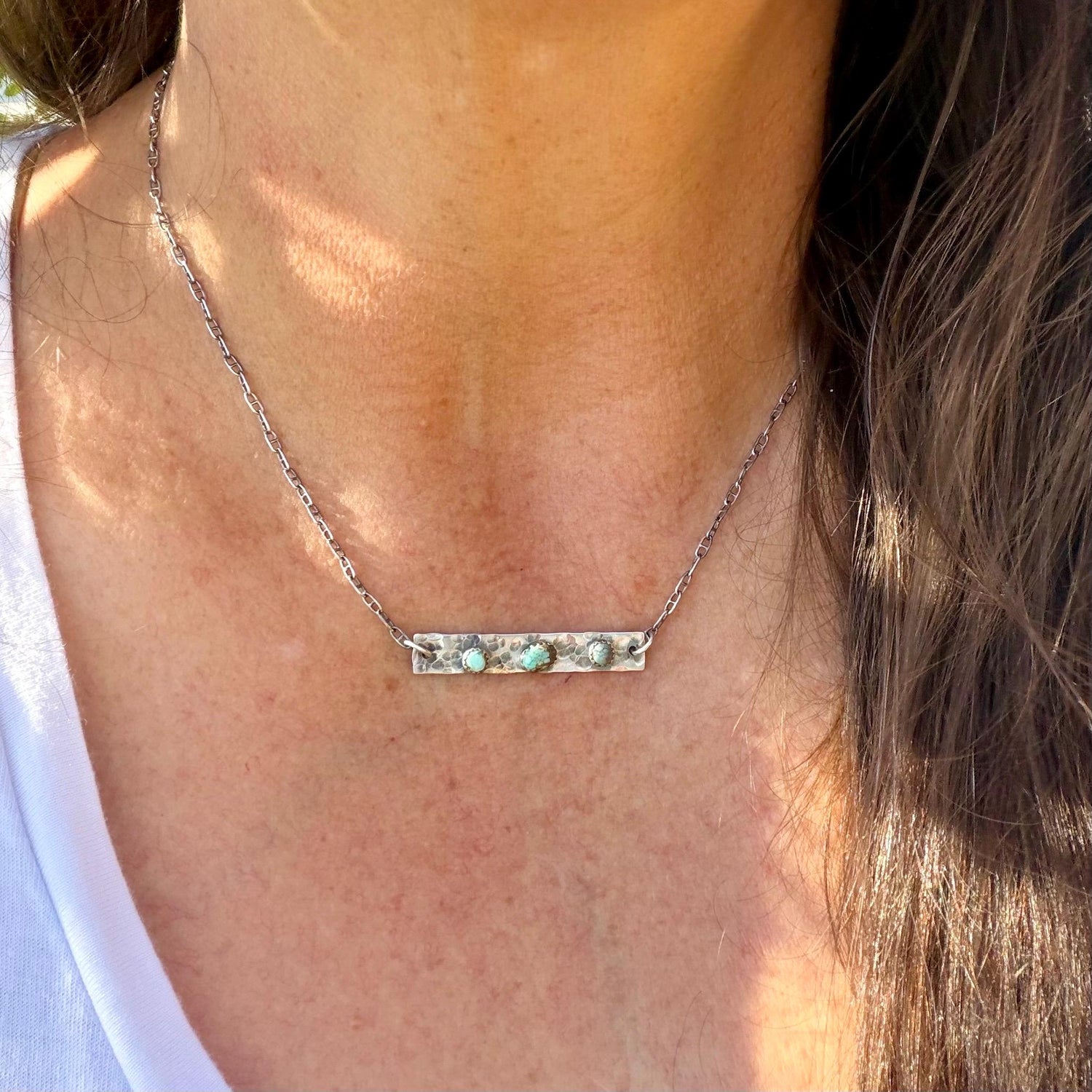 Turquoise Bar Necklace • Sterling Rectangle Pendant • Oxidized Artisan Chain