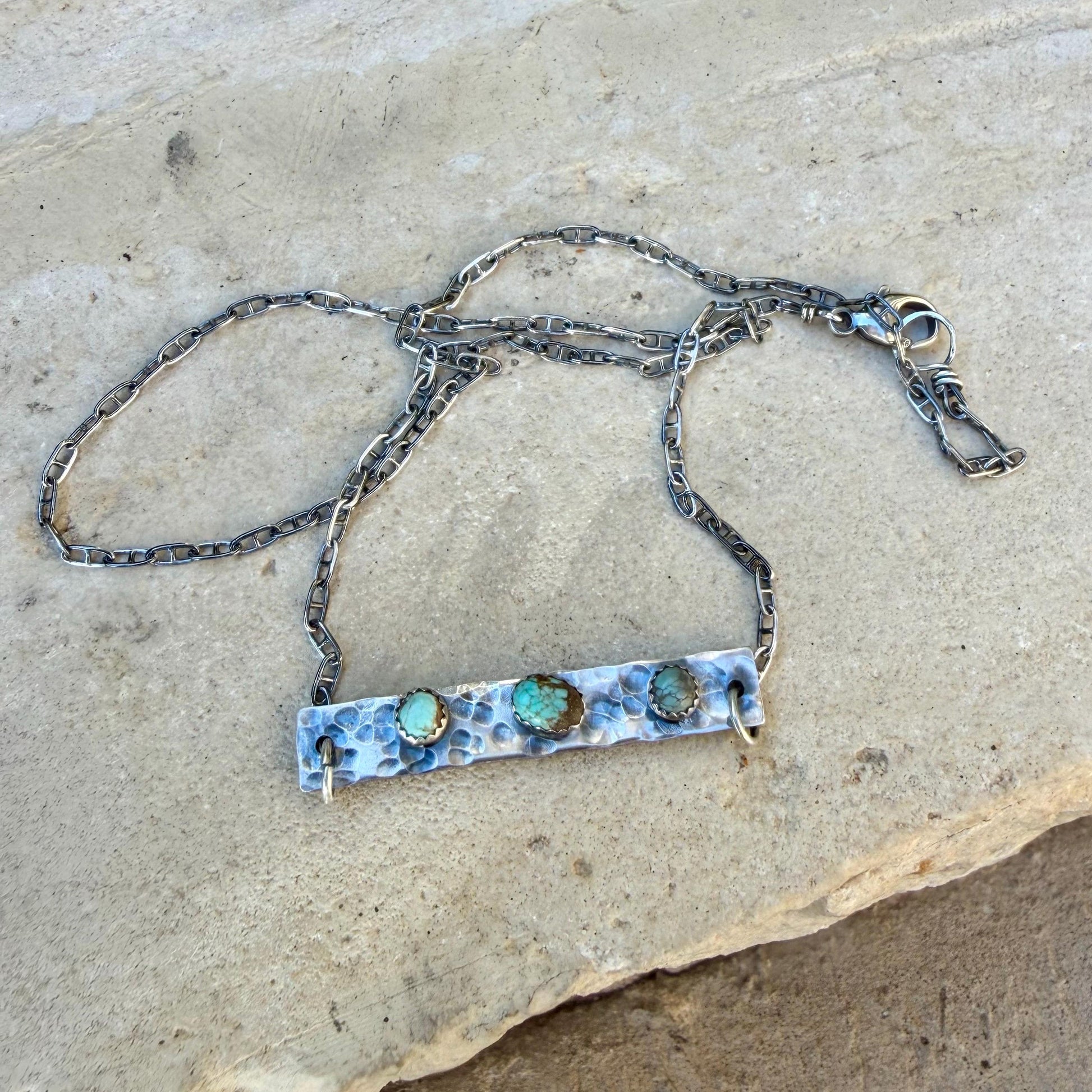 Turquoise Bar Necklace • Sterling Rectangle Pendant • Oxidized Artisan Chain