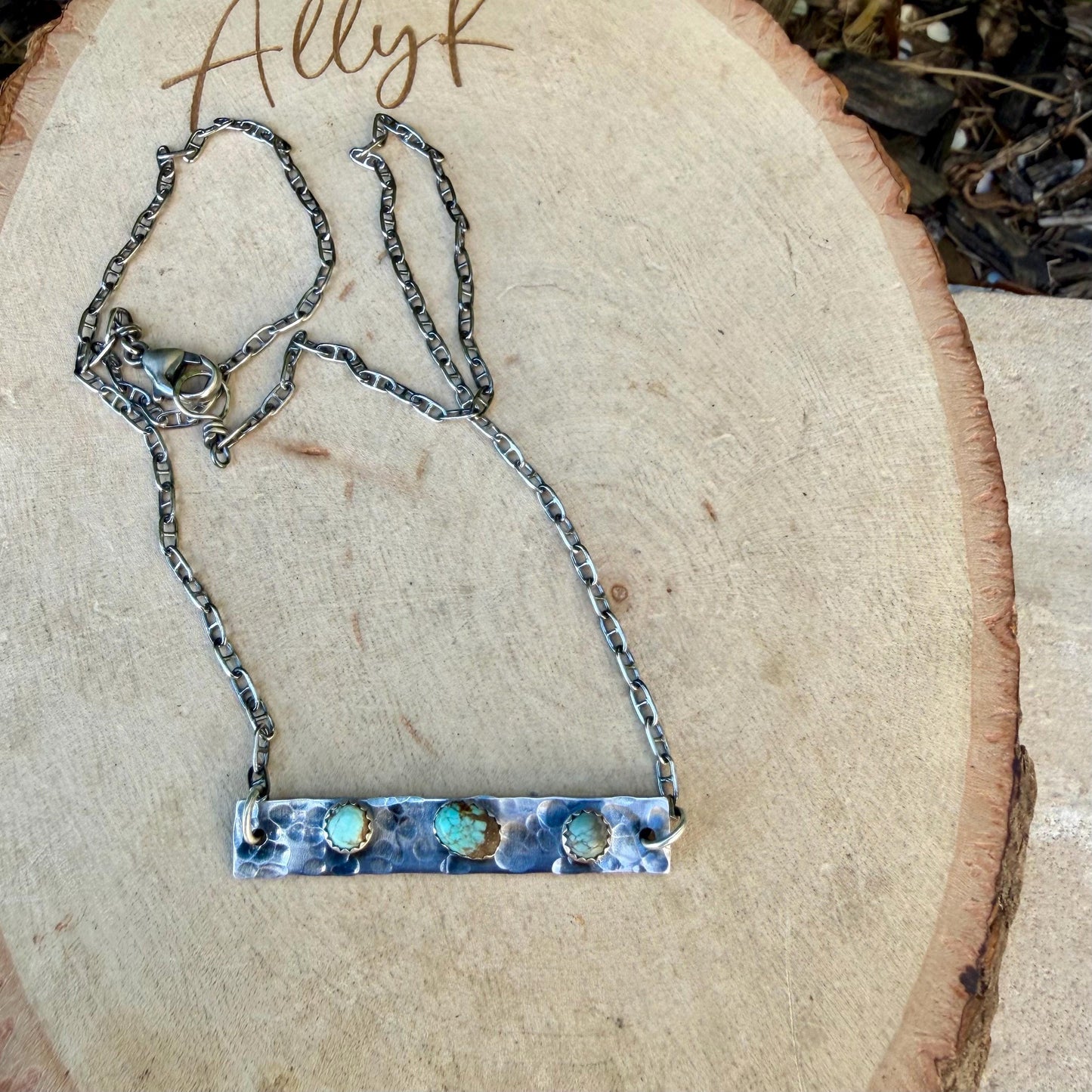 Turquoise Bar Necklace • Sterling Rectangle Pendant • Oxidized Artisan Chain