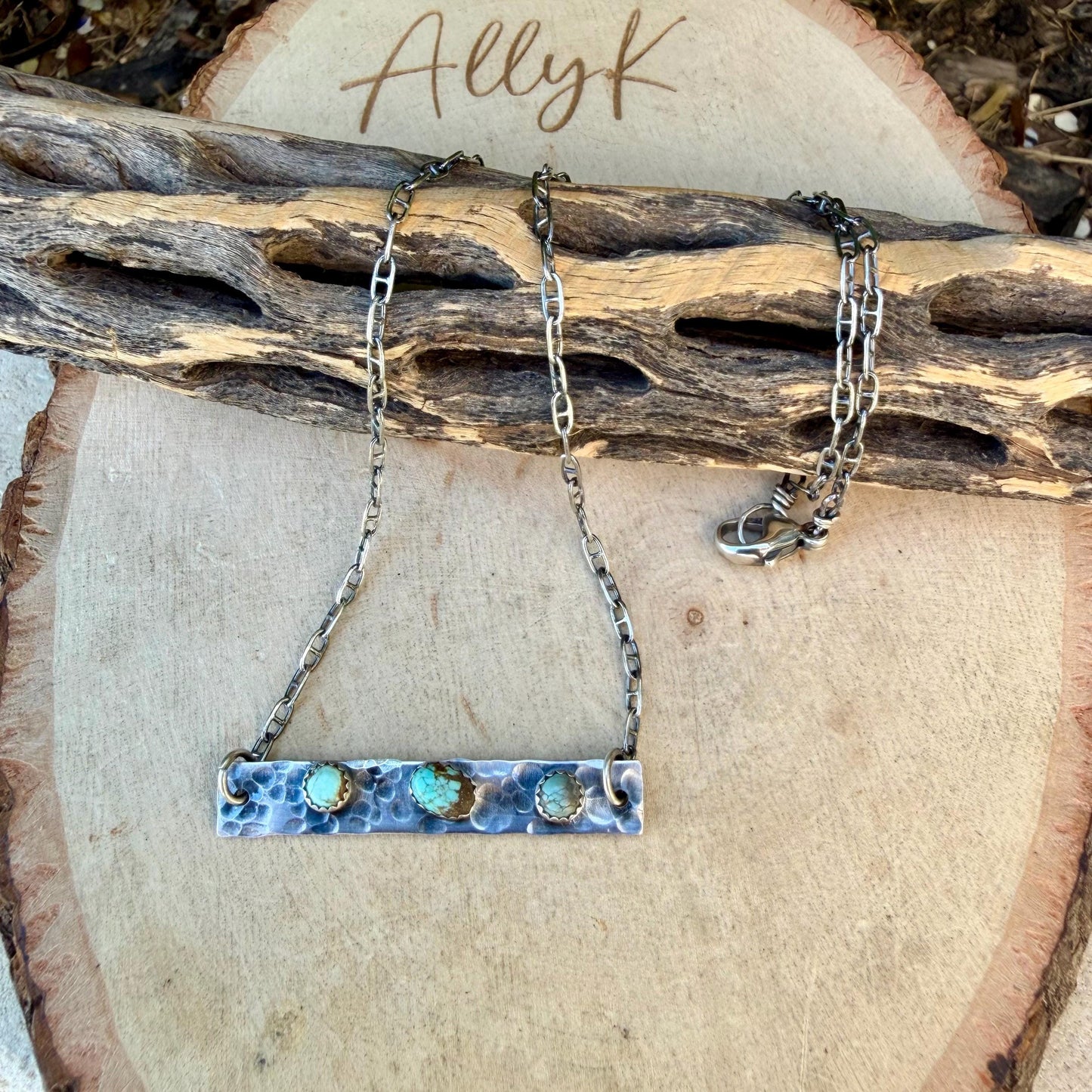 Turquoise Bar Necklace • Sterling Rectangle Pendant • Oxidized Artisan Chain