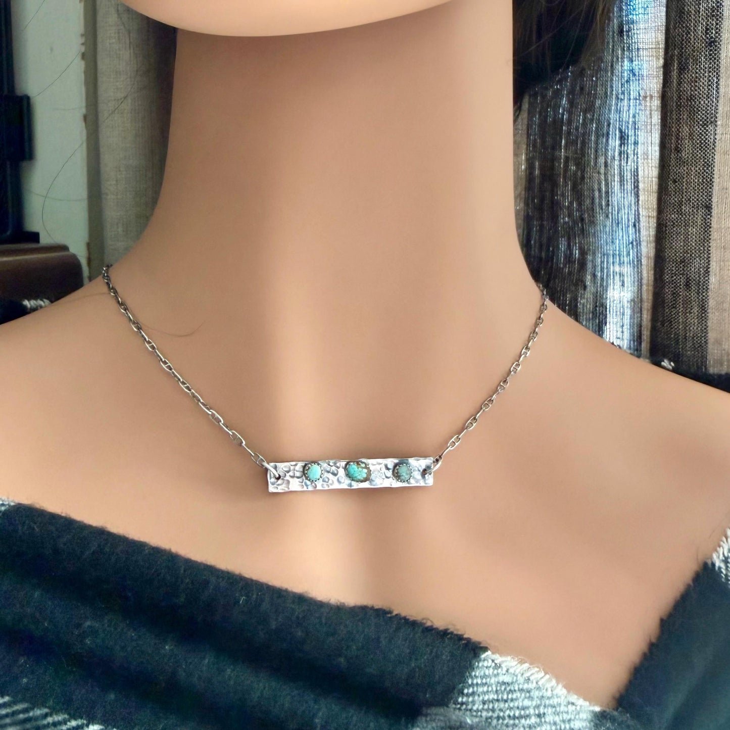 Turquoise Bar Necklace • Sterling Rectangle Pendant • Oxidized Artisan Chain