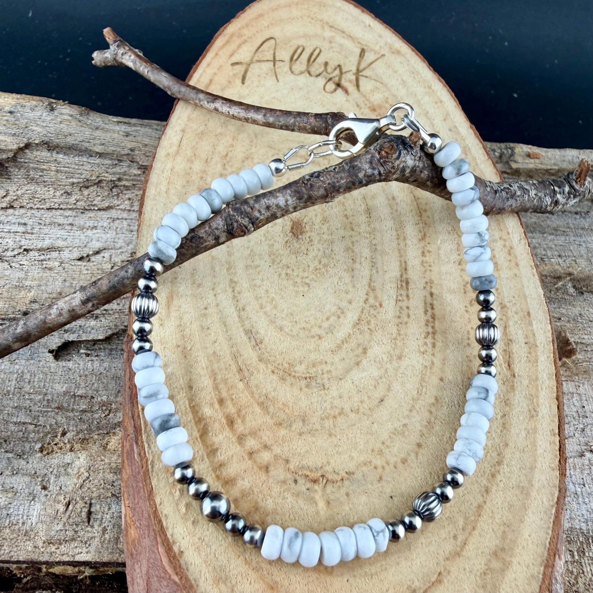 Desert Pearl & White Howlite Bracelet • Sterling Silver Stacker • Southwestern Jewelry
