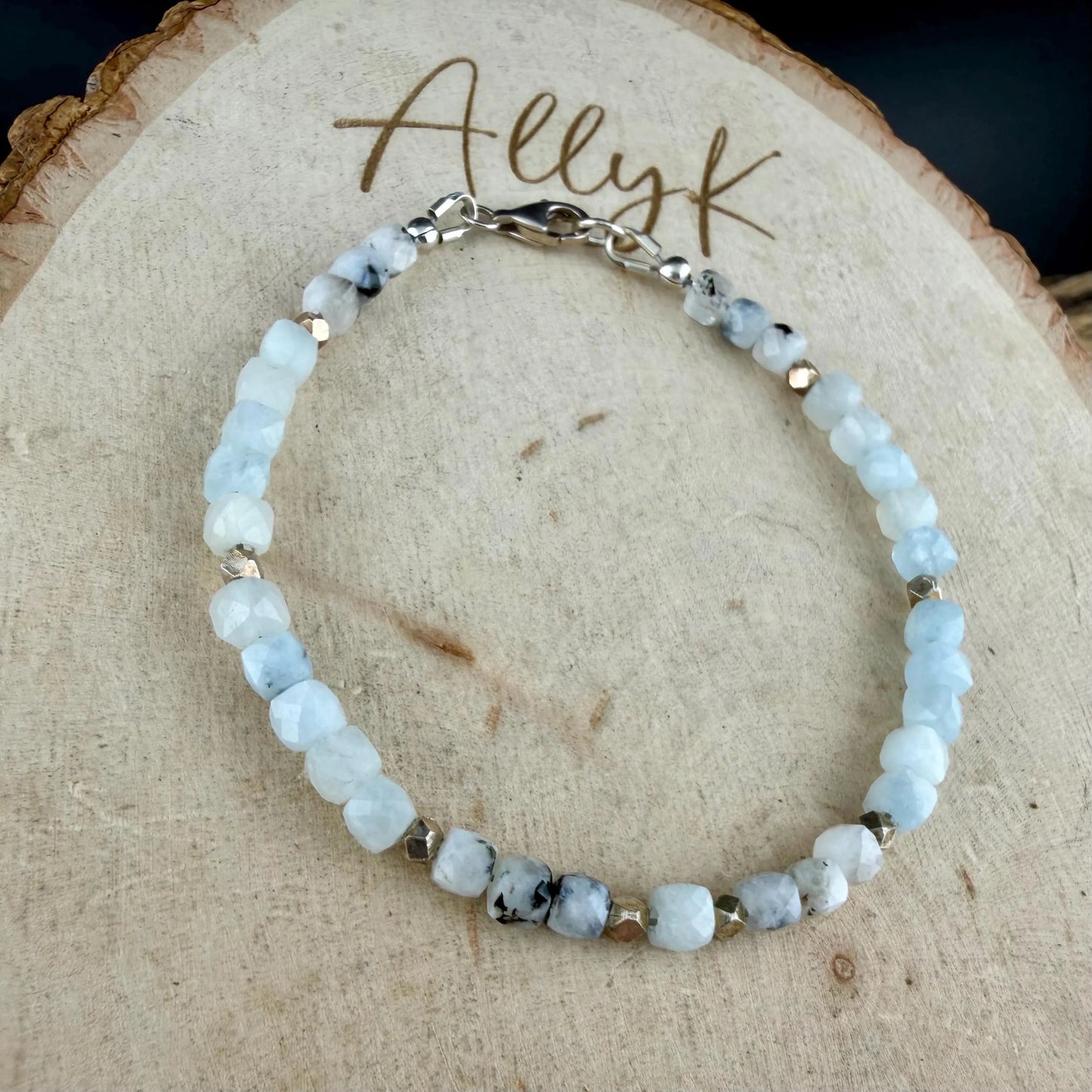 Aquamarine Lapis Moonstone Bracelet • Rainbow Moonstone–Tourmaline • Sterling Silver Stacker