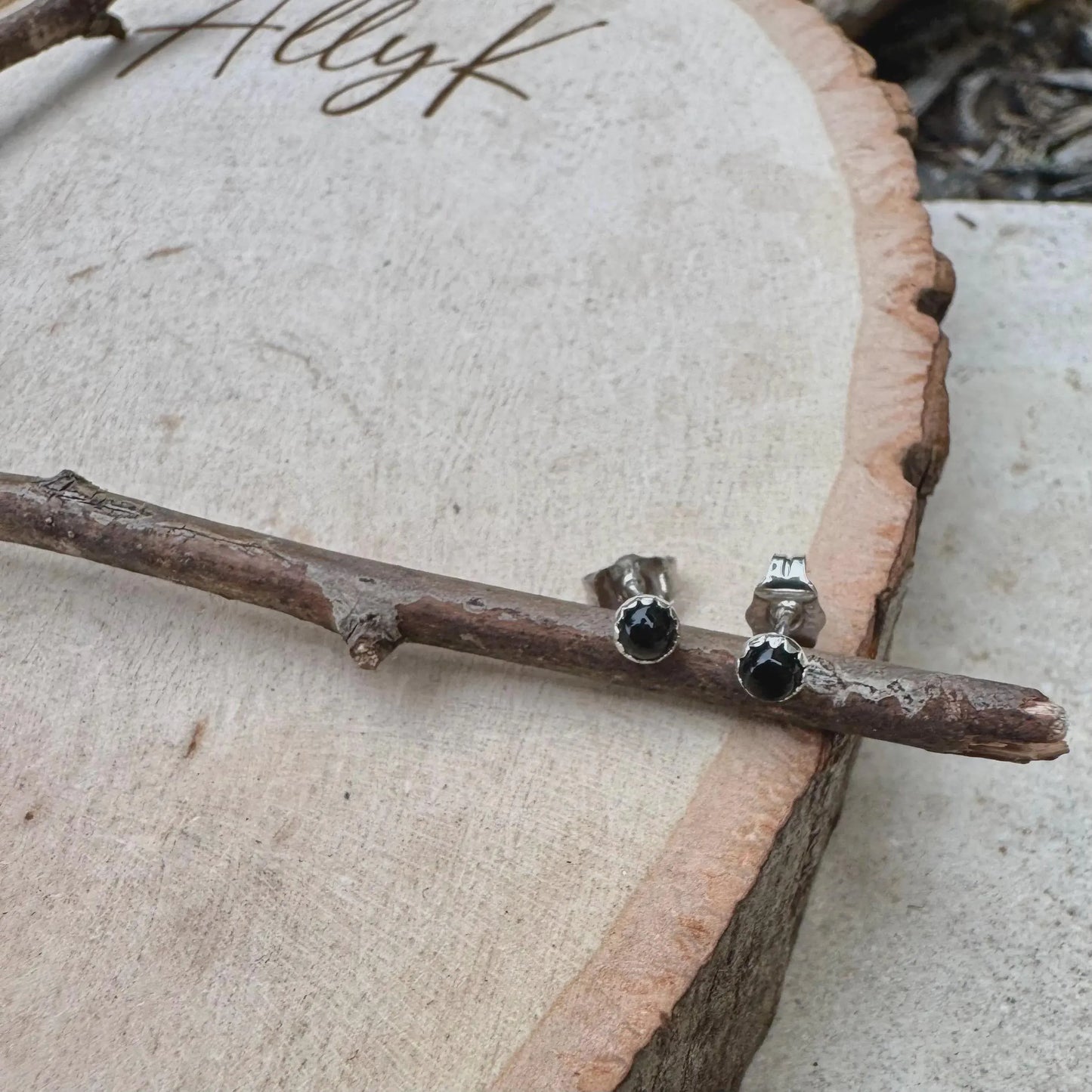 Onyx Stud Earrings • Sterling Silver • 3mm 4mm 6mm • Smooth or Serrated Bezel