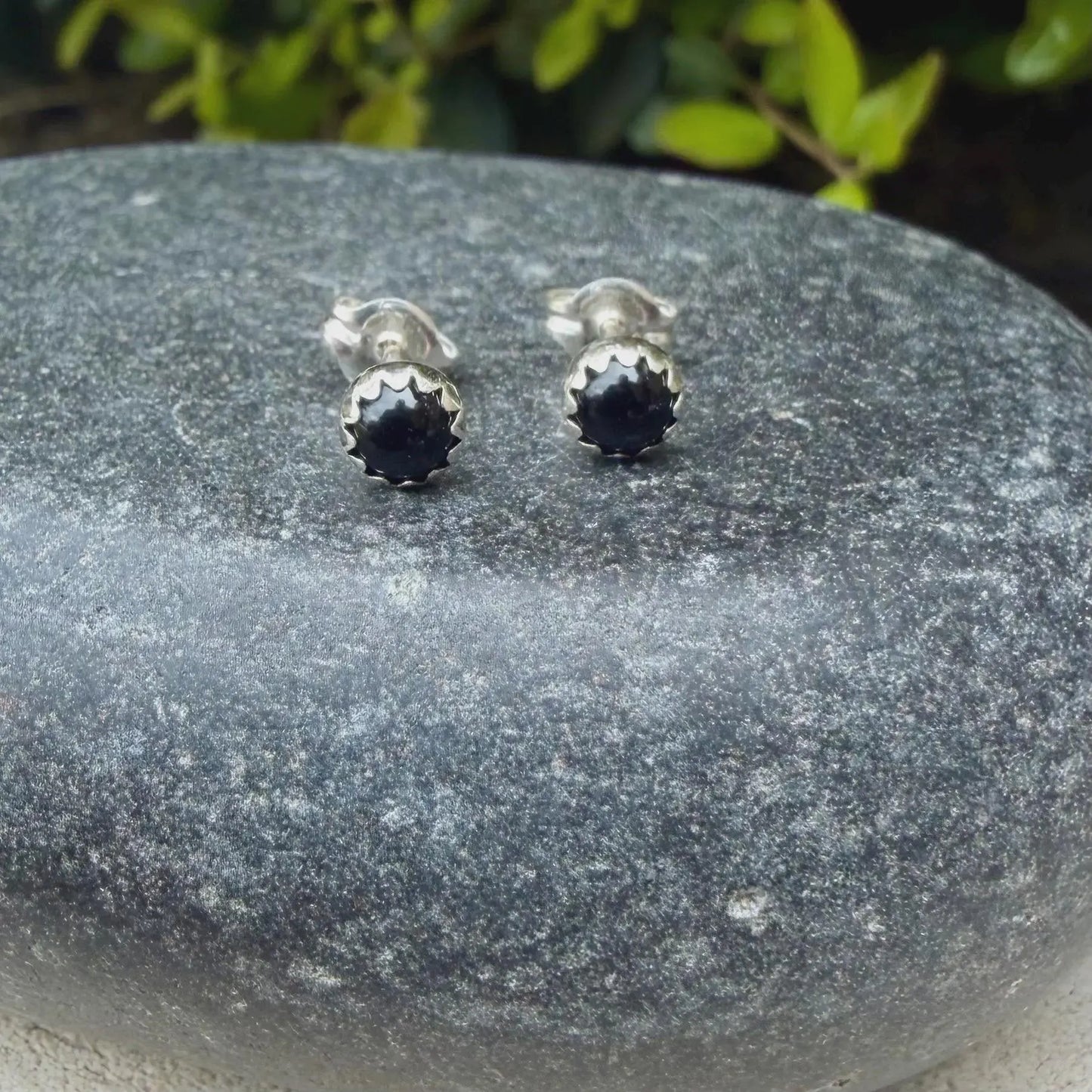 Onyx Stud Earrings • Sterling Silver • 3mm 4mm 6mm • Smooth or Serrated Bezel