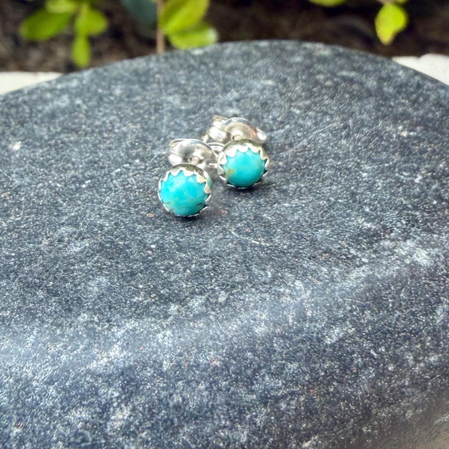 Kingman Turquoise Stud Earrings • Sterling Silver • 4mm 5mm 6mm • Smooth or Serrated Bezel