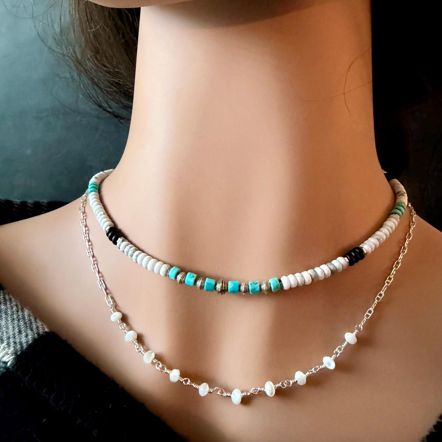 Mother of Pearl Necklace • Sterling Silver Mariner Chain • Hand Wrapped 4mm Pearl Bar Choker