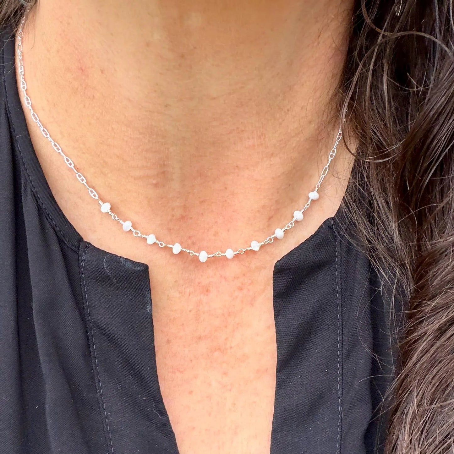 Mother of Pearl Necklace • Sterling Silver Mariner Chain • Hand Wrapped 4mm Pearl Bar Choker