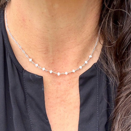Mother of Pearl Necklace • Sterling Silver Mariner Chain • Hand Wrapped 4mm Pearl Bar Choker