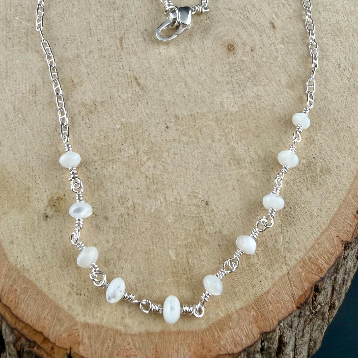 Mother of Pearl Necklace • Sterling Silver Mariner Chain • Hand Wrapped 4mm Pearl Bar Choker