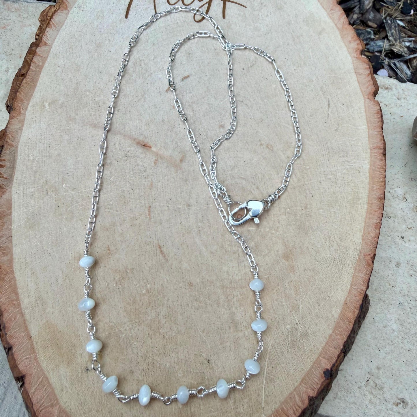 Mother of Pearl Necklace • Sterling Silver Mariner Chain • Hand Wrapped 4mm Pearl Bar Choker