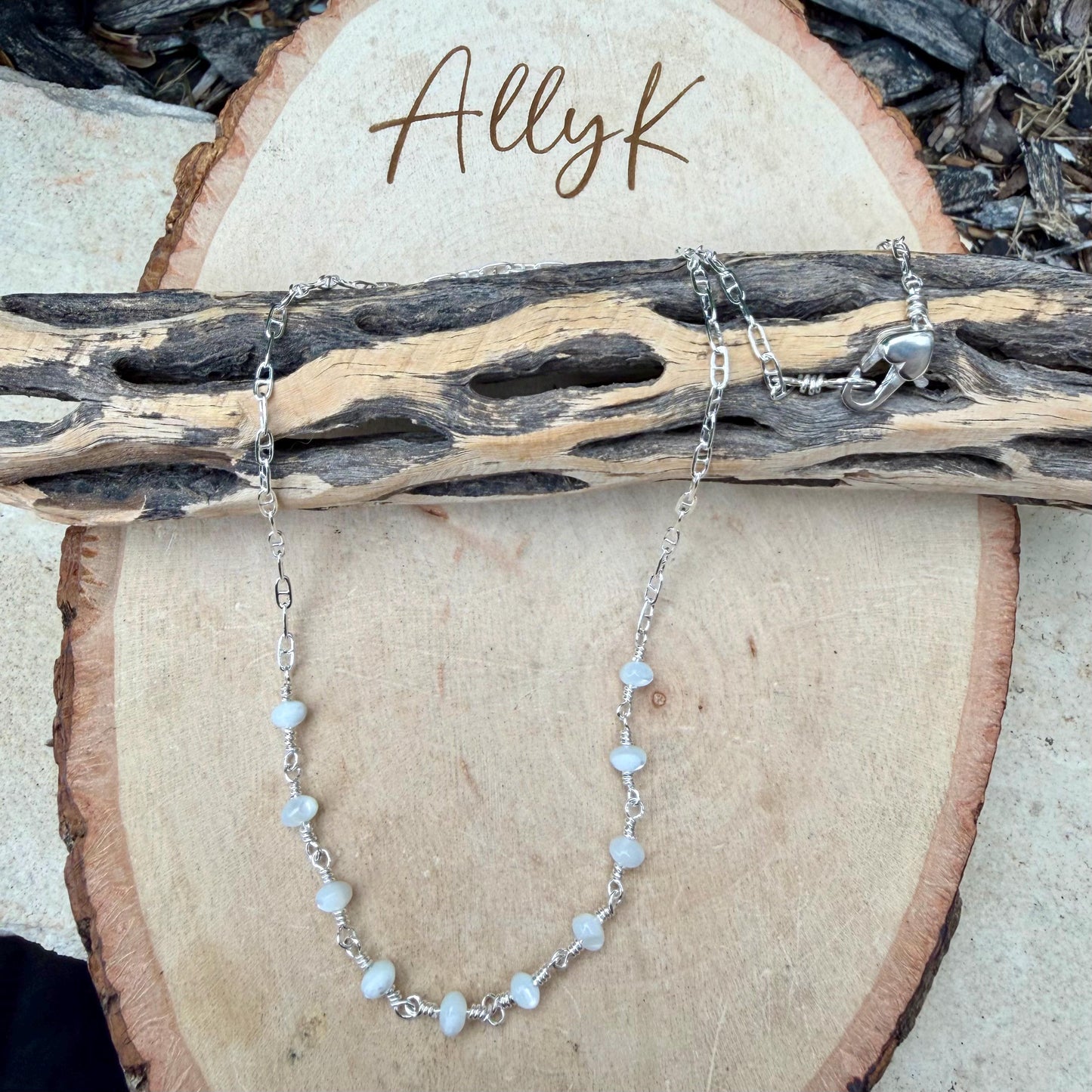 Mother of Pearl Necklace • Sterling Silver Mariner Chain • Hand Wrapped 4mm Pearl Bar Choker