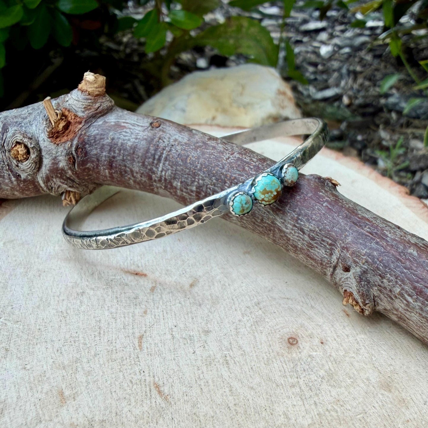 Sterling Silver Cuff Bracelet • Number 8 Turquoise • Hammered Triple Stone Cuff