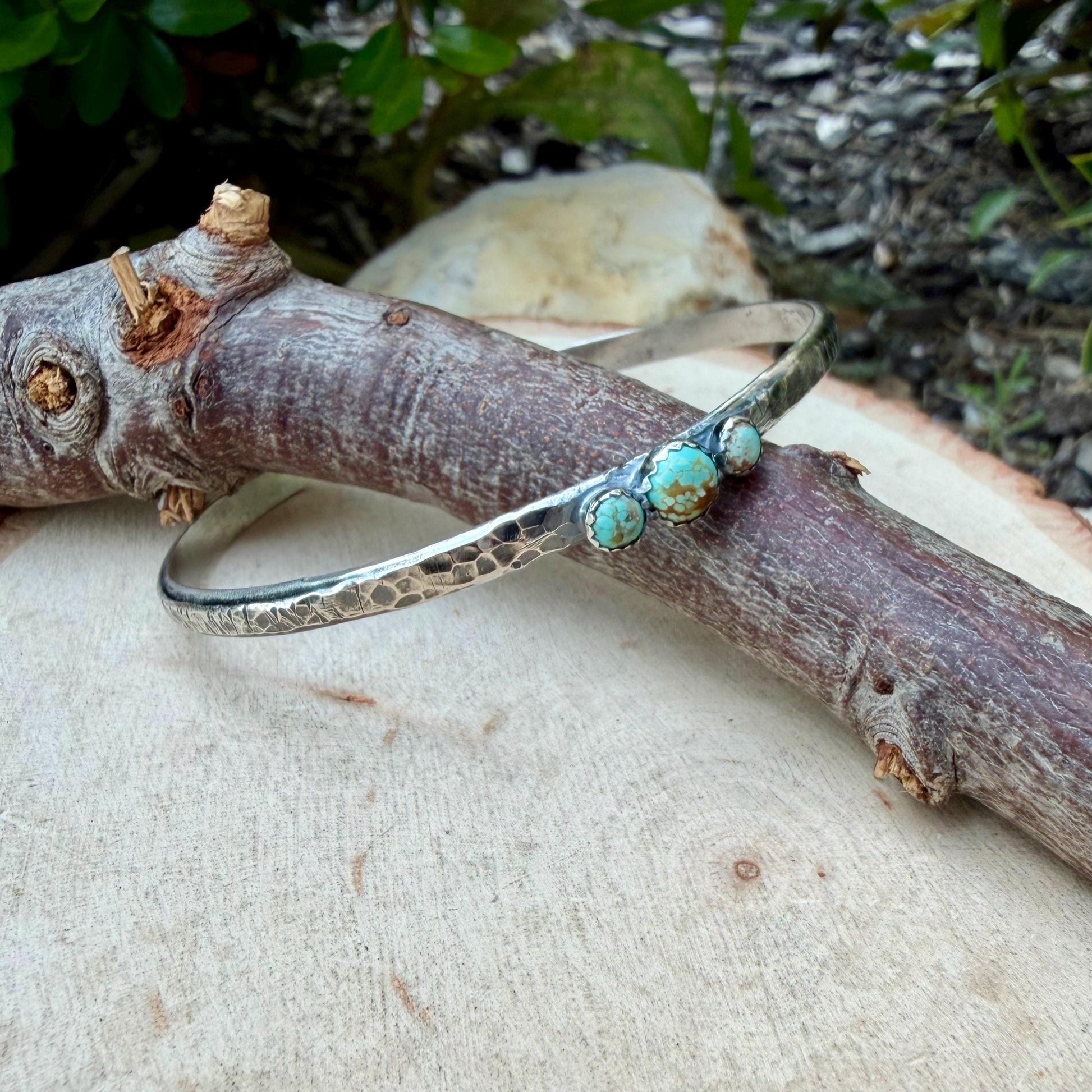 Sterling Silver Cuff Bracelet • Number 8 Turquoise • Hammered Triple Stone Cuff