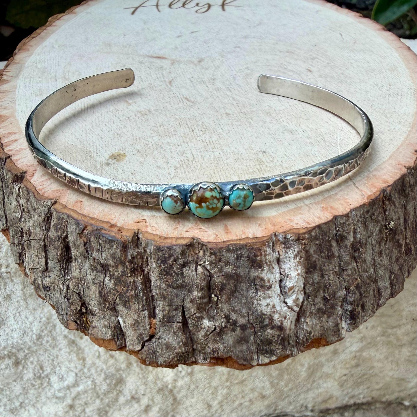 Sterling Silver Cuff Bracelet • Number 8 Turquoise • Hammered Triple Stone Cuff