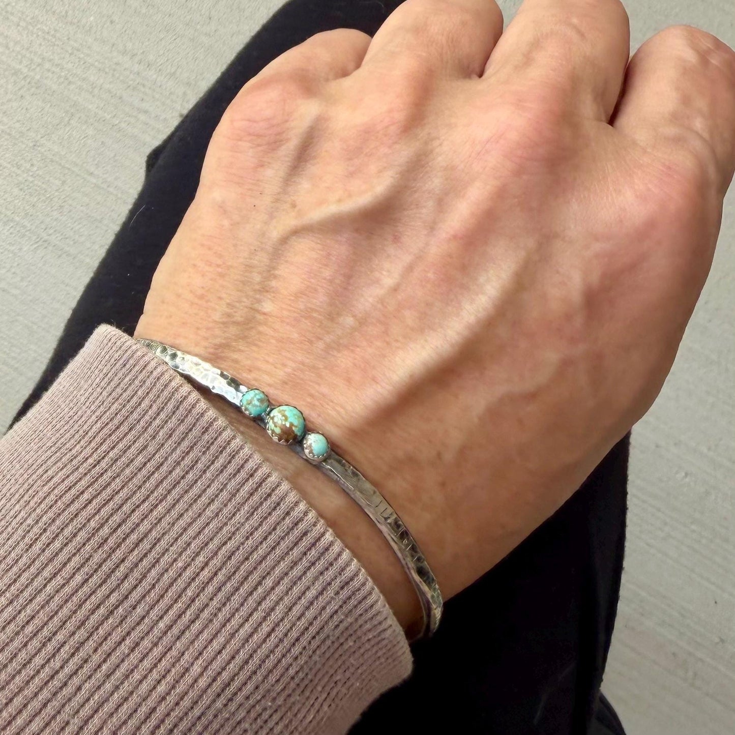 Sterling Silver Cuff Bracelet • Number 8 Turquoise • Hammered Triple Stone Cuff