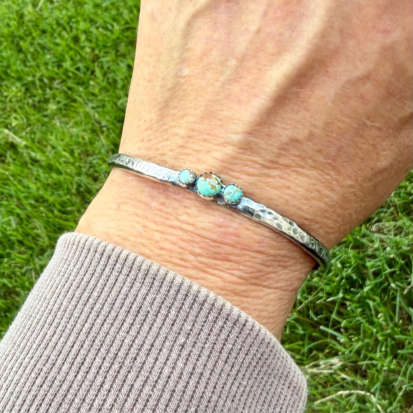 Sterling Silver Cuff Bracelet • Number 8 Turquoise • Hammered Triple Stone Cuff