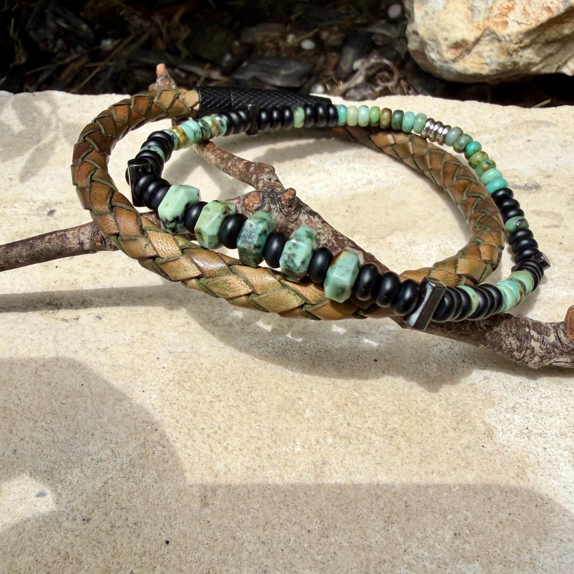 Camo Leather Bracelet Set • African Turquoise • Onyx • Hematite • Stainless Steel Bayonet Clasp