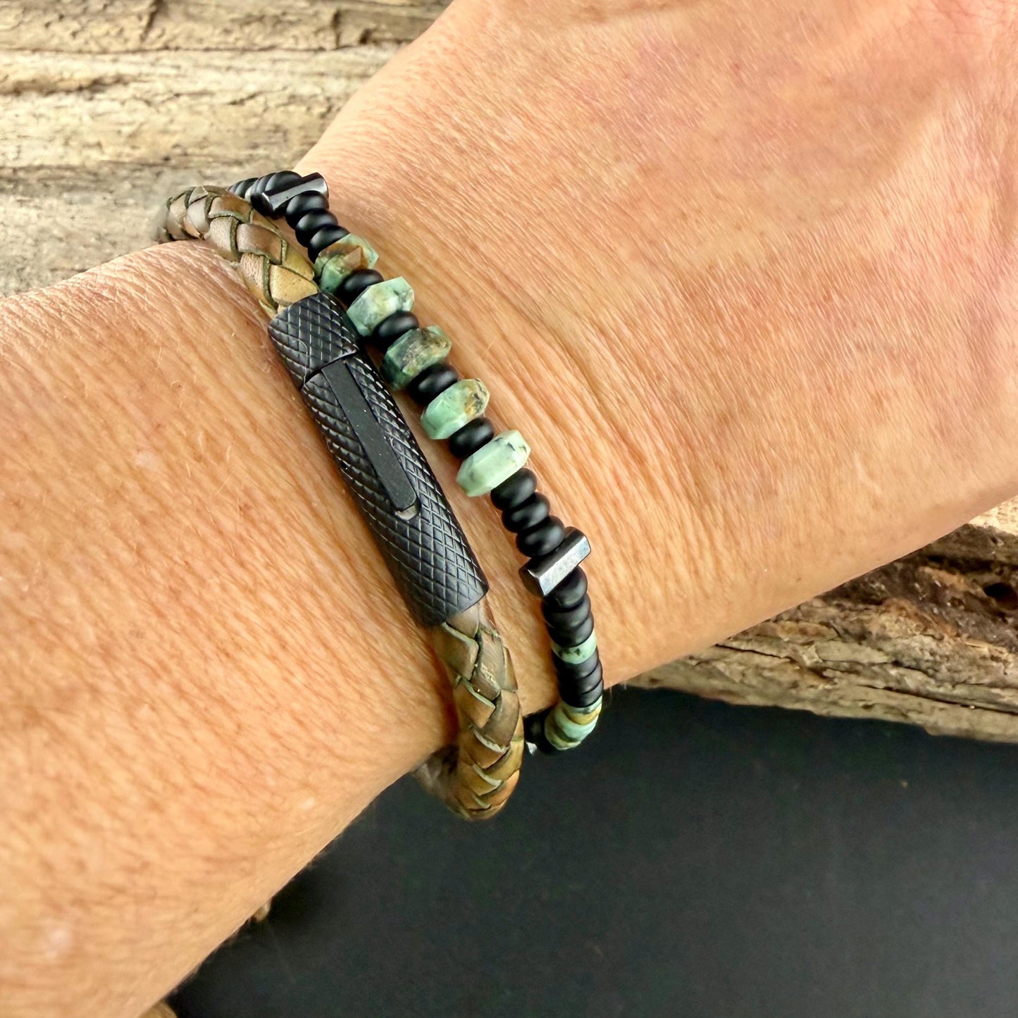 Camo Leather Bracelet Set • African Turquoise • Onyx • Hematite • Stainless Steel Bayonet Clasp