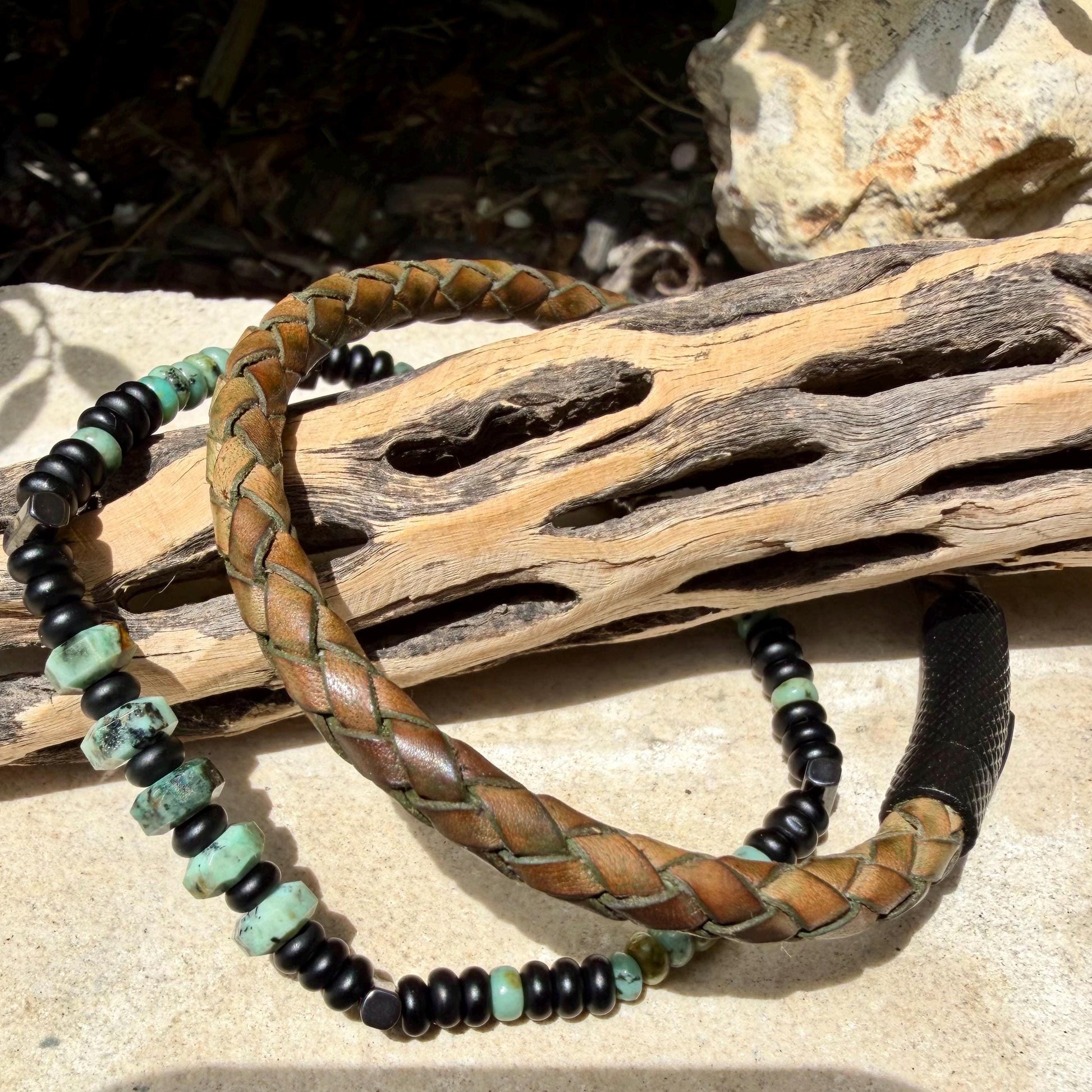 Camo Leather Bracelet Set • African Turquoise • Onyx • Hematite • Stainless Steel Bayonet Clasp