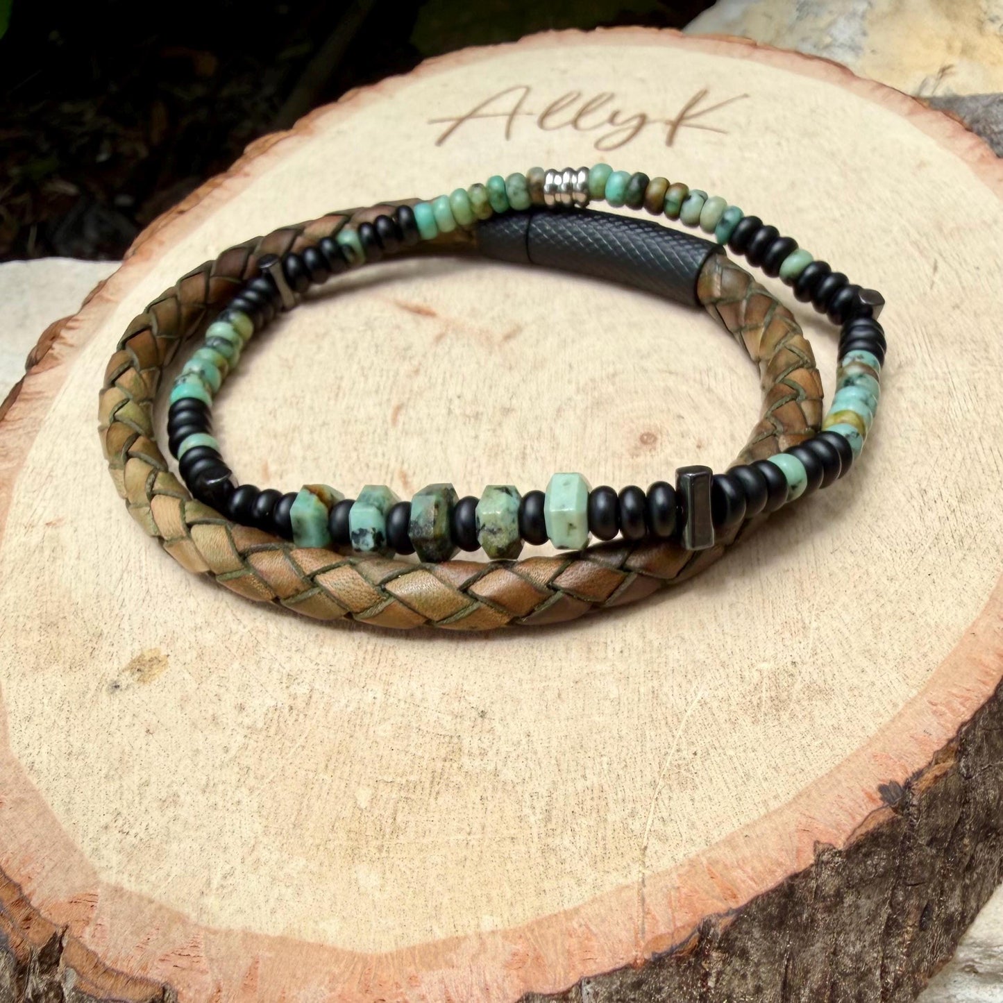 Camo Leather Bracelet Set • African Turquoise • Onyx • Hematite • Stainless Steel Bayonet Clasp