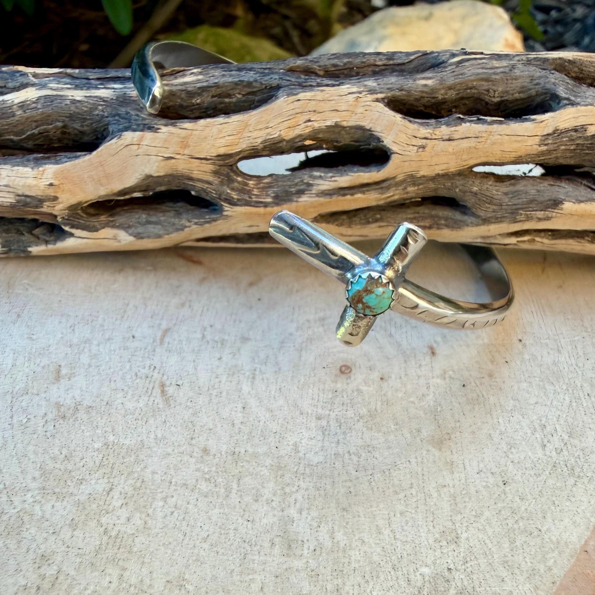 Sterling Silver Cross Cuff Bracelet • Number 8 Turquoise • Rustic Southwestern Faith Jewelry